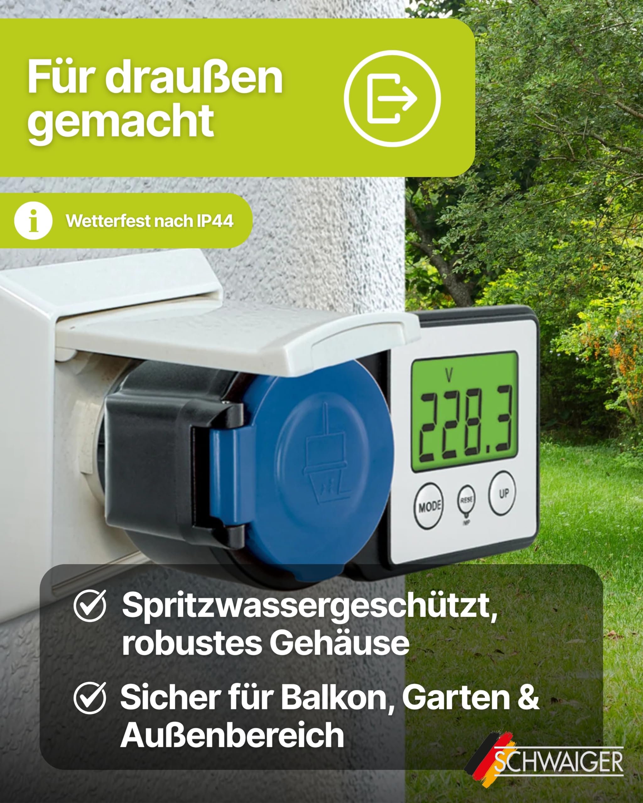 SCHWAIGER Energiekostenmessgerät & Einspeisemessgerät I Outdoor geeignet & beleuchtet I Stromzähler für die Steckdose I Strommessgerät zur Ermittlung des Stromverbrauchs & der Einspeisung