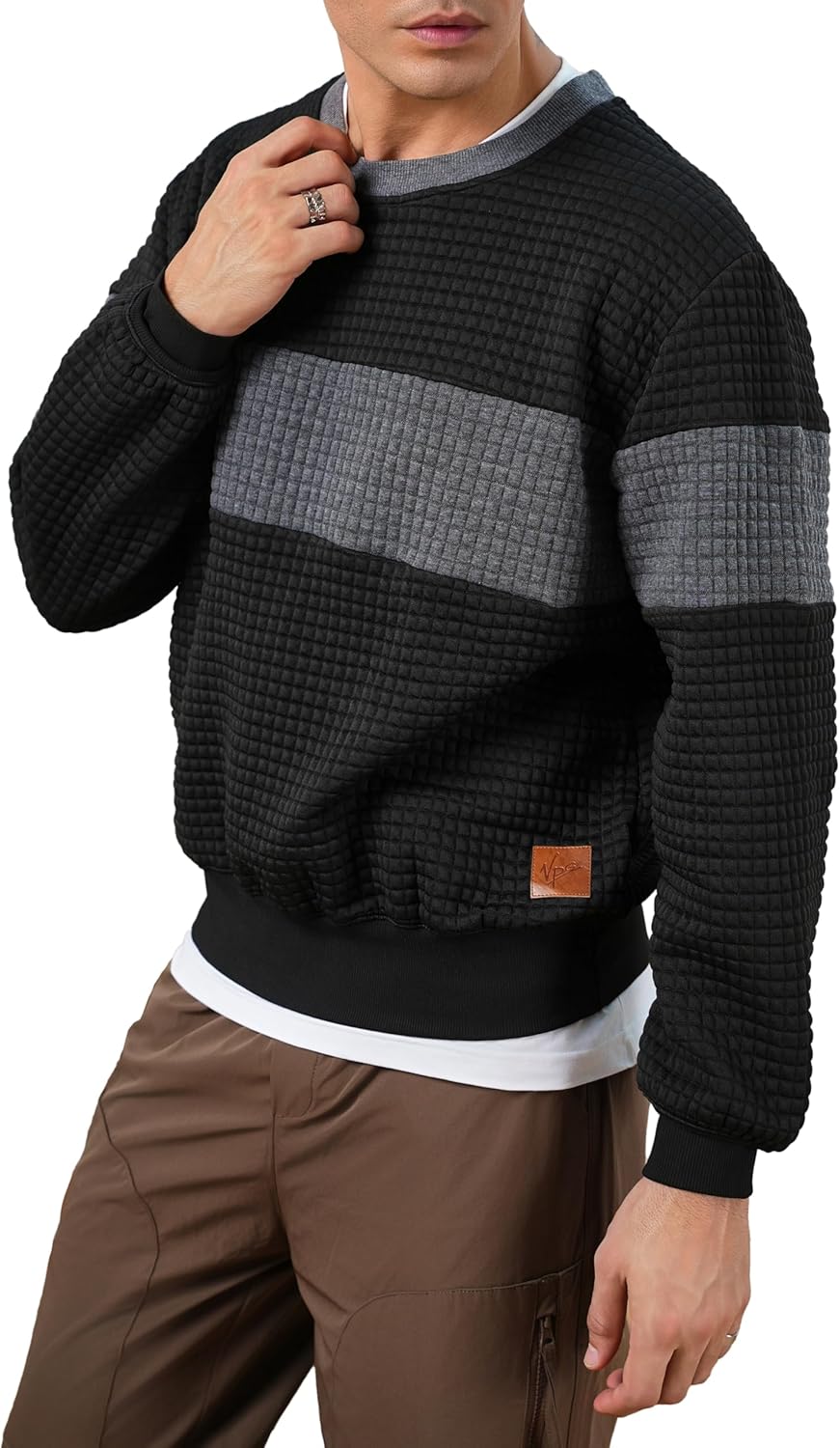 VPG Sweatshirts for Men, Color Block Waffle Long Sleeve Pullover Sweatshirt