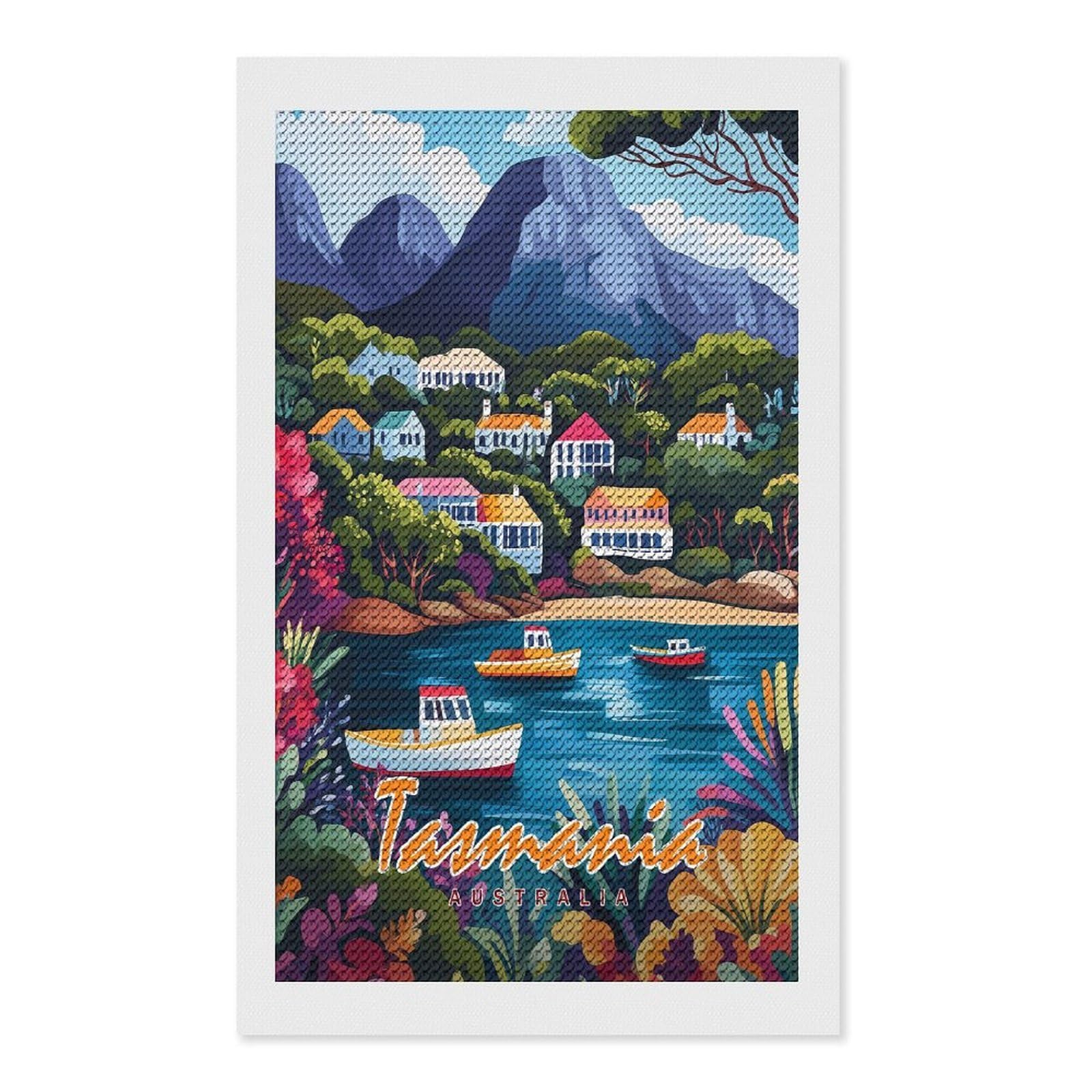 Junmoney Tasmania Coastal Village Diamond Painting Canvas Set 12"x20", with Tool Kit, Easy to Enjoy, Home Wall Decor, Thoughtful Handmade Gift