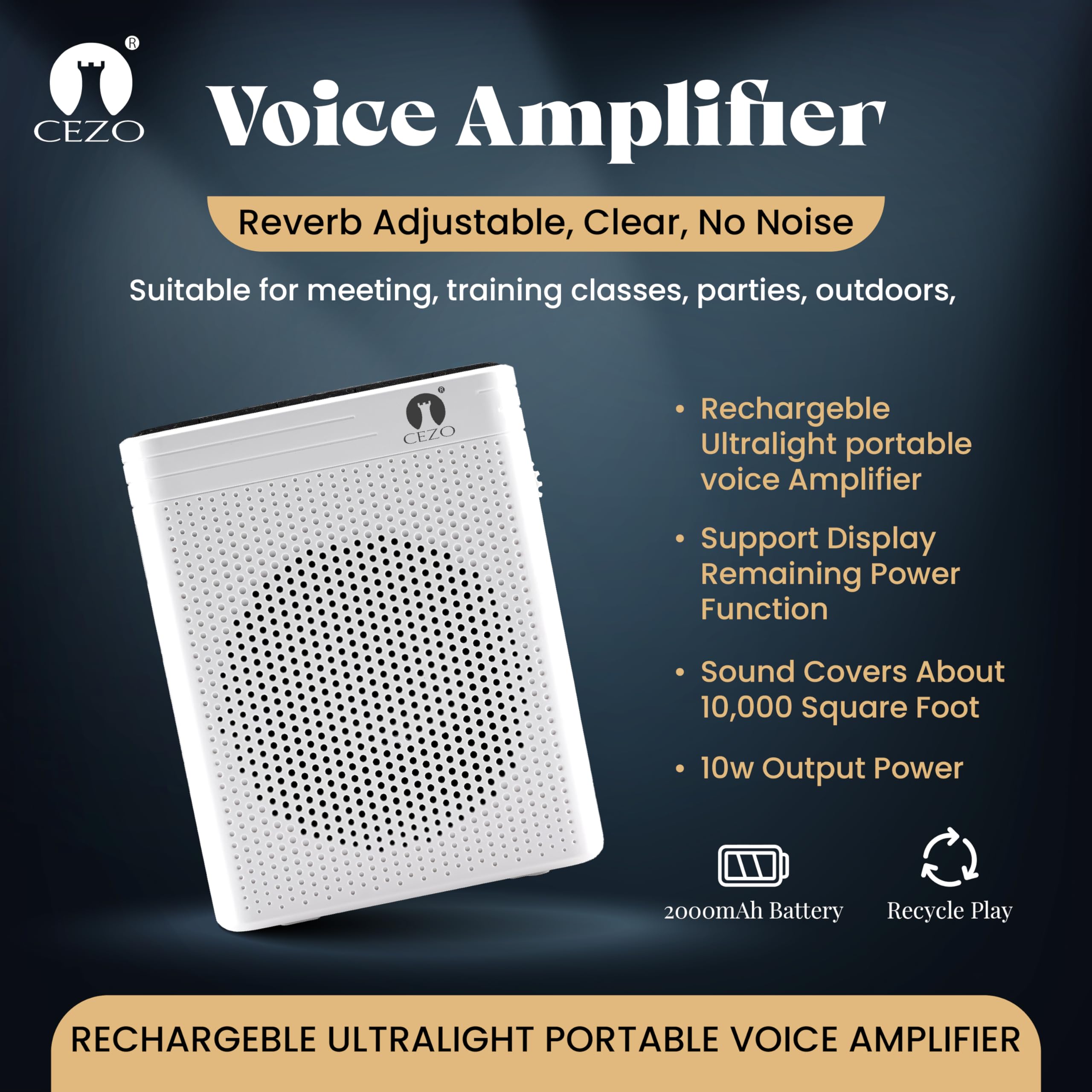 CEZO Voice Amplifier with UHF Wireless Microphone Headset Rechargeable Mic with Speaker Voice Amplifire for Teachers Training, Meeting, Tour Guide, Yoga, Classroom -White - Image 2 thumbnail