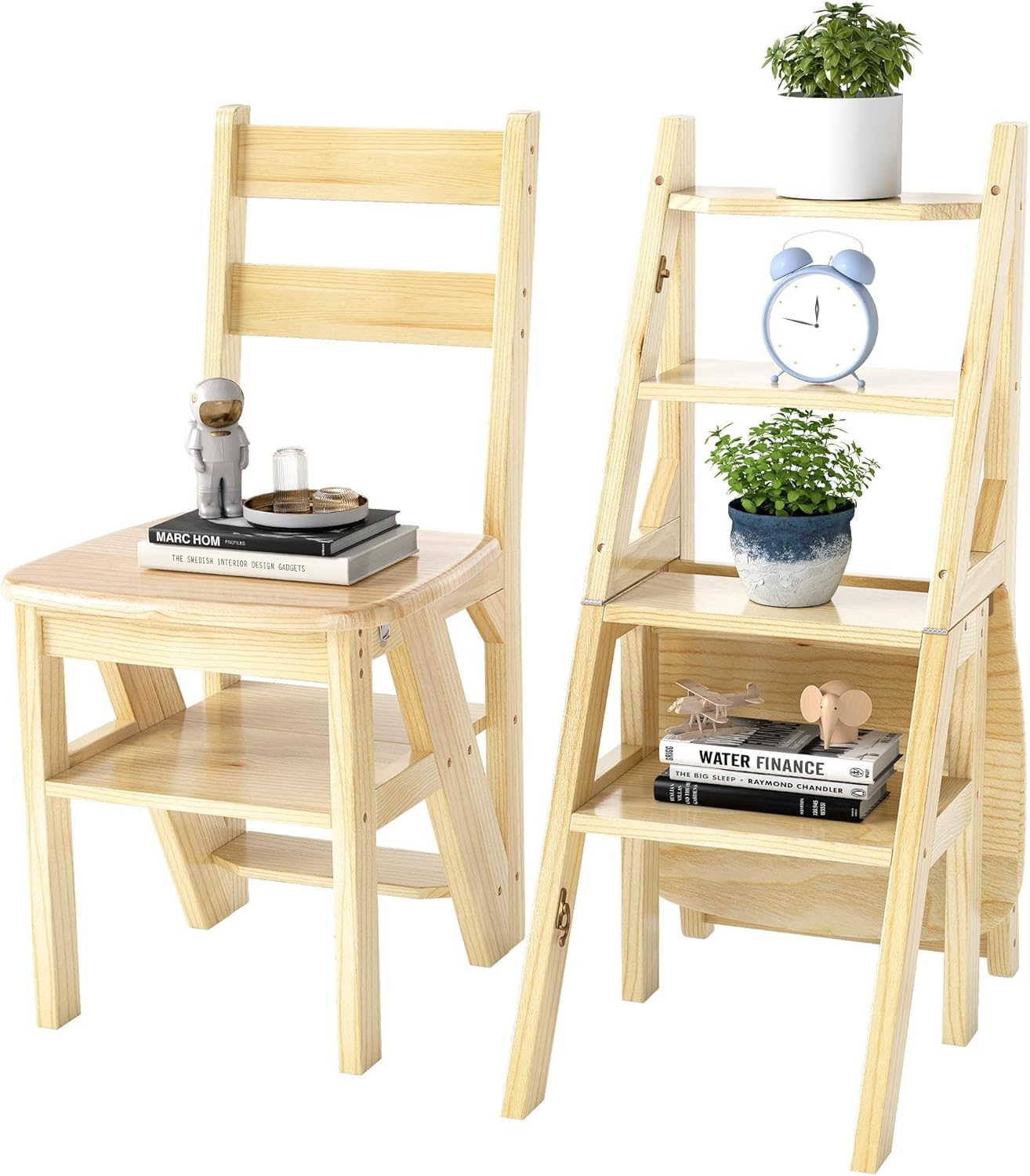 Folding Step Ladder Chair 3-in-1 Wooden Step Stool 4 Tier Foldable Ladder Stool Shelf Display Stand Flower Rack Wood Multifunctional Ladder Stool for Library Home Kitchen, 396lbs Load Capacity