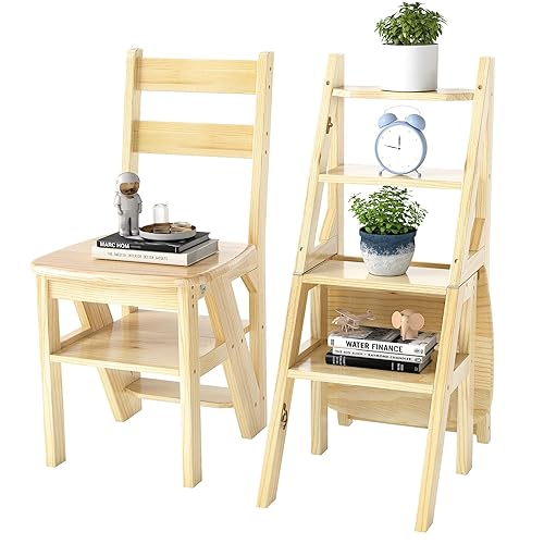 Folding Step Ladder Chair 3-in-1 Wooden Step Stool 4 Tier