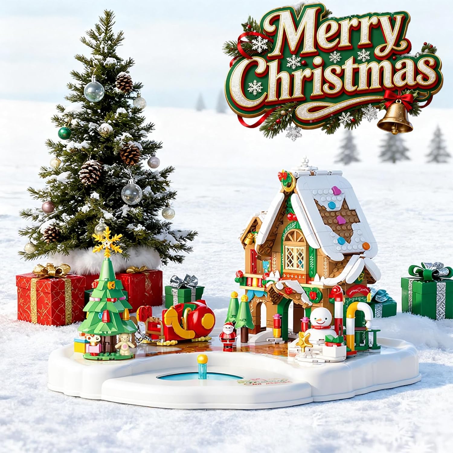 Magnetic Christmas Gingerbread House Building Set - 651 Pcs Dynamic Model with Music, Rotating Tree & Moving Snowman - Magnetic Santa Claus for Interactive Play Christmas Decor Gift
