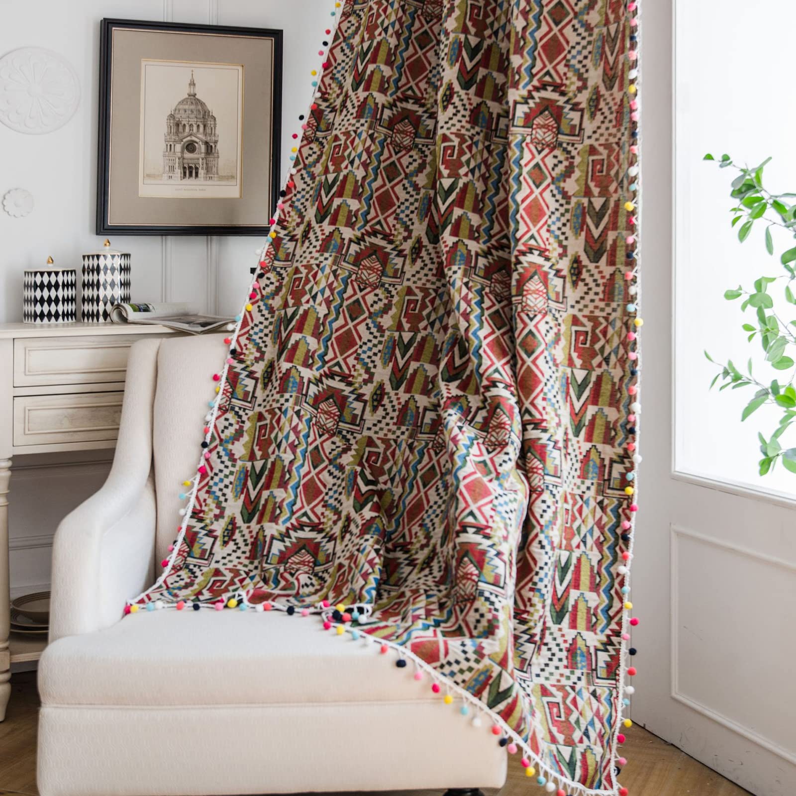Premium Window Curtains, Bohemian Style Handmade Curtain Geometric Semi-Blackout Curtains Privacy Protect Drapes(W*H:150x160cm(59x63inch), Hooks Top)