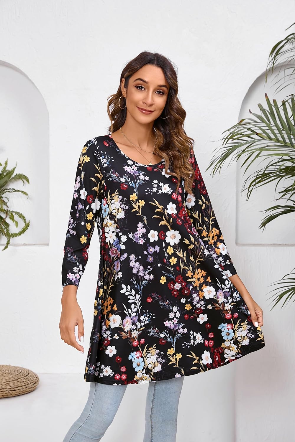 ENMAIN Women's Tunic Top 3/4 Sleeve Plus Size Tunic Tops to Wear with Leggings Ladies Casual Swing Dressy Blouses - Image 3