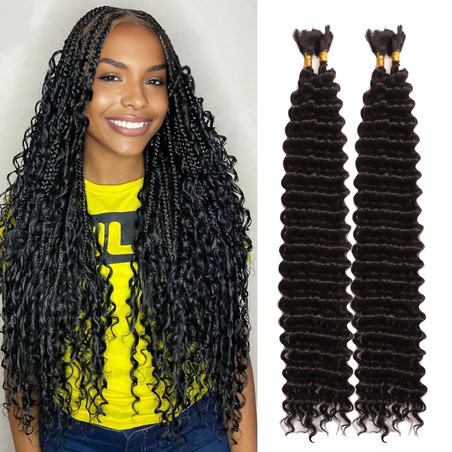 200G 30 Inch Boho Hair for Braiding Long Deep Wave Bulk Braiding Hair for Boho Braids No Weft Curly Bundles Wet and Wavy Braiding Hair Extensions (1B#