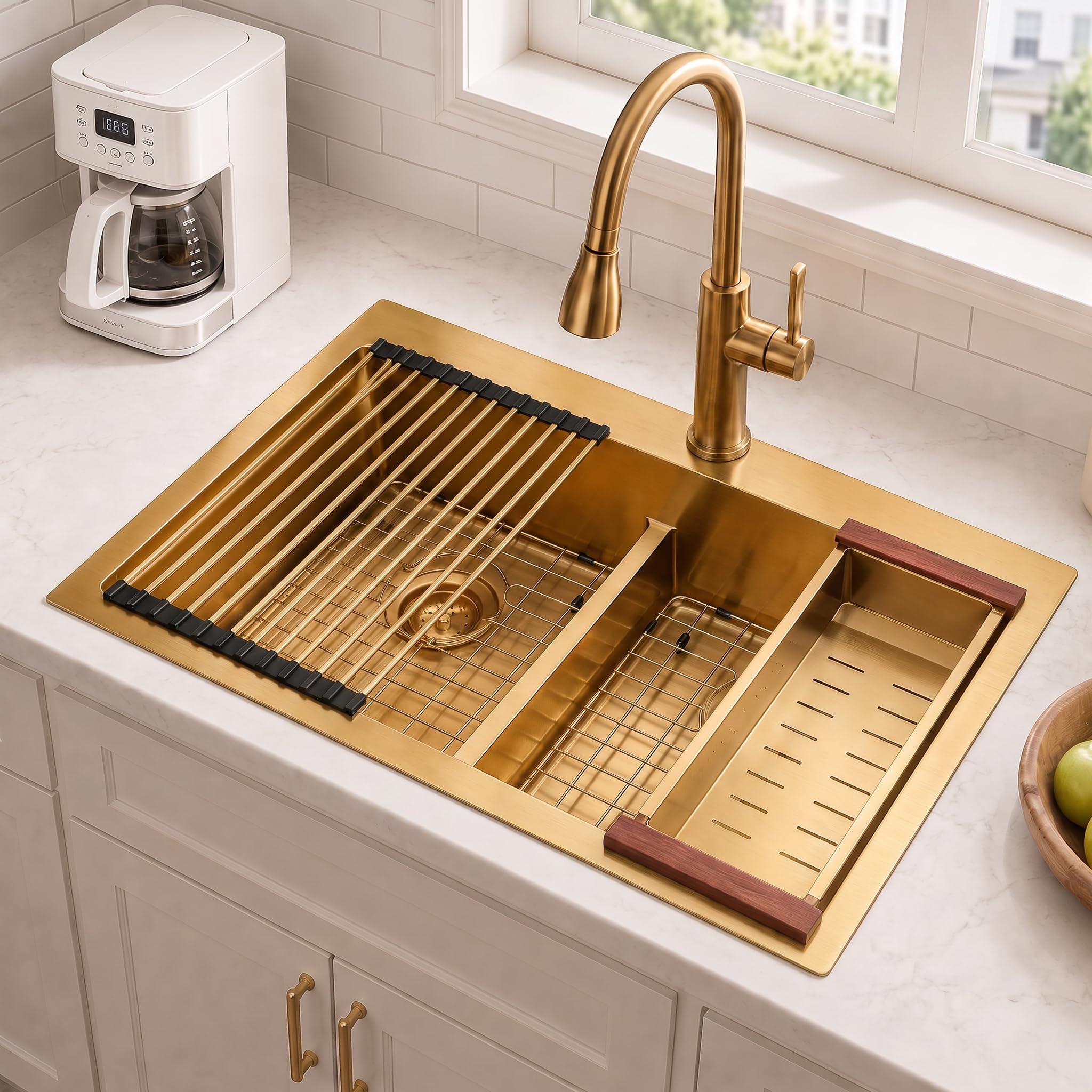 LQS Gold Kitchen Sink 33x22, 33 Inch Drop In Kitchen Sink Double Bowl, Handmade Deep & Large Stainless Steel Kitchen Sink with Low-Divider