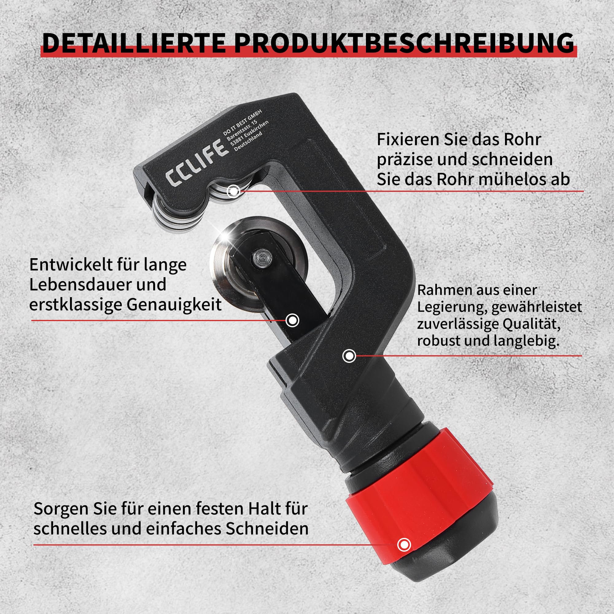 CCLIFE Rohrschneider, Rohrabschneider, 4-32mm, Schwarz und Rot, 1er-Pack | Rohrabschneider, 6 Führungsrollen, Aluminiumlegierung, für Edelstahlrohre, Stahlrohre, Kupferrohre, und Kunststoffrohre