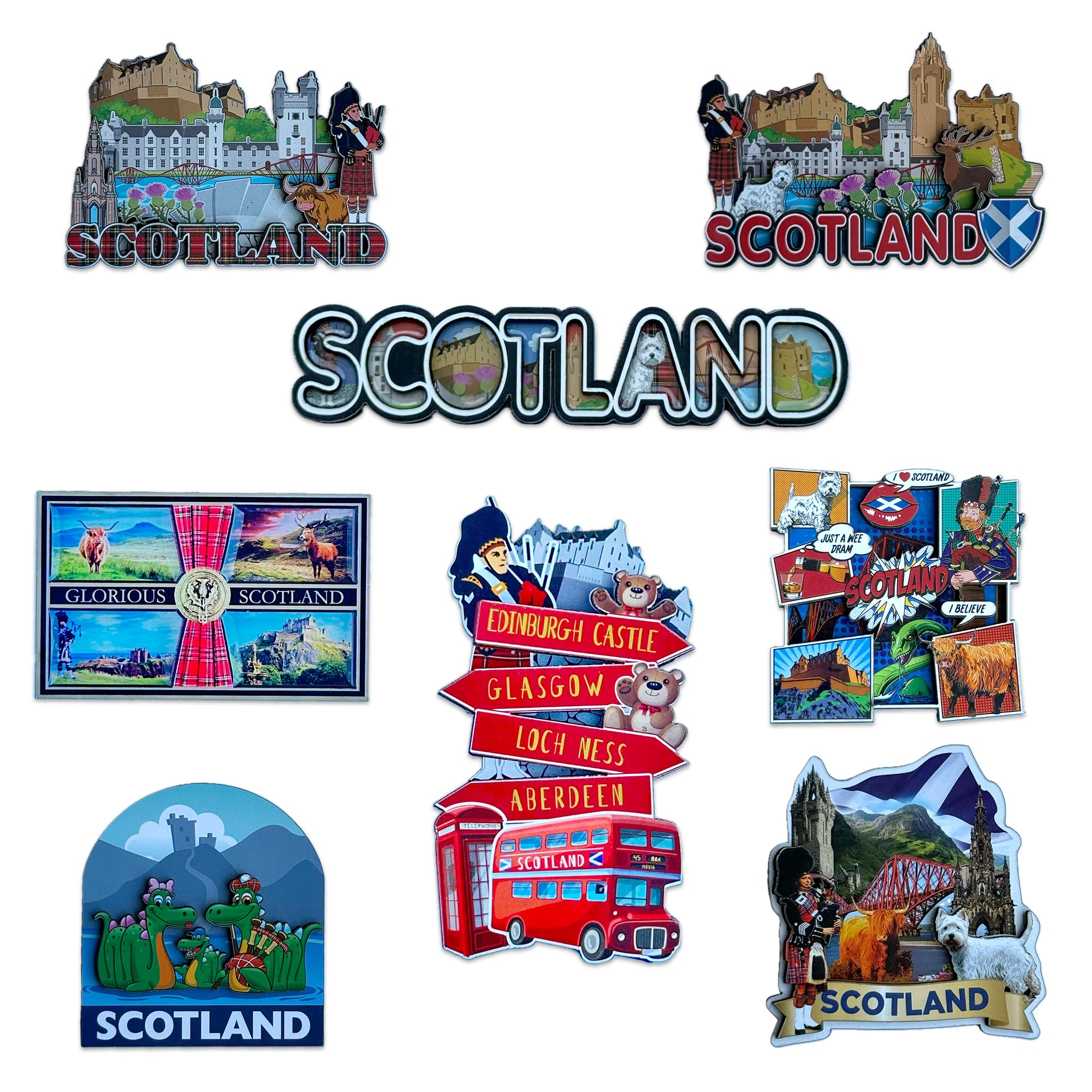 Lilaj Multicolor Scotland Fridge Magnet Set Scottish Souvenirs Featuring Edinburgh Castle, Saltire Flag, Thistle, Nessie, Bagpipes & Westie Dog Pack Of 6