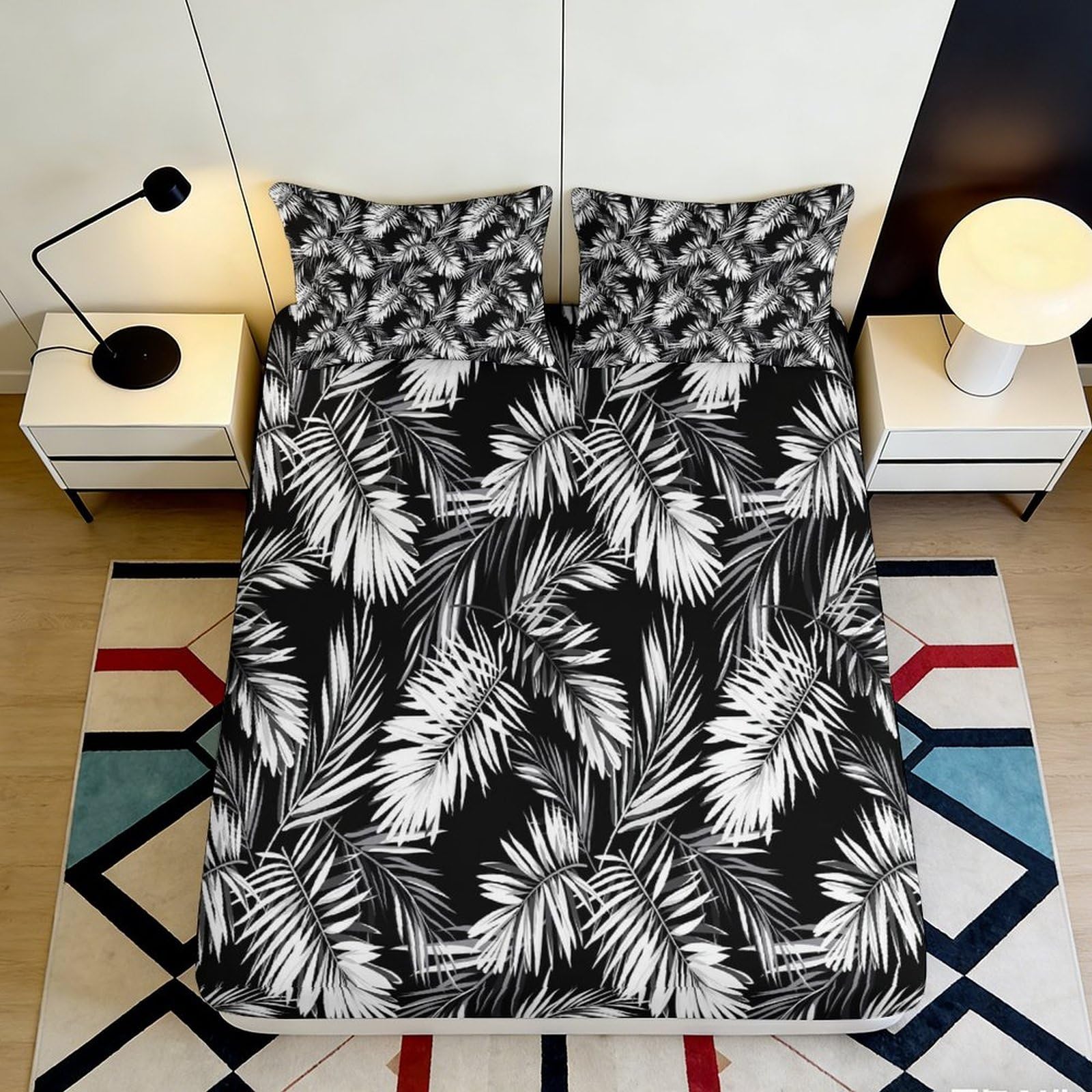 3D Printed Black Leaf Pattern Fitted Sheet Microfiber Soft Non-slip Monochrome Palm Mattress Cover Bedroom Dorm Decor 90x200x25cm