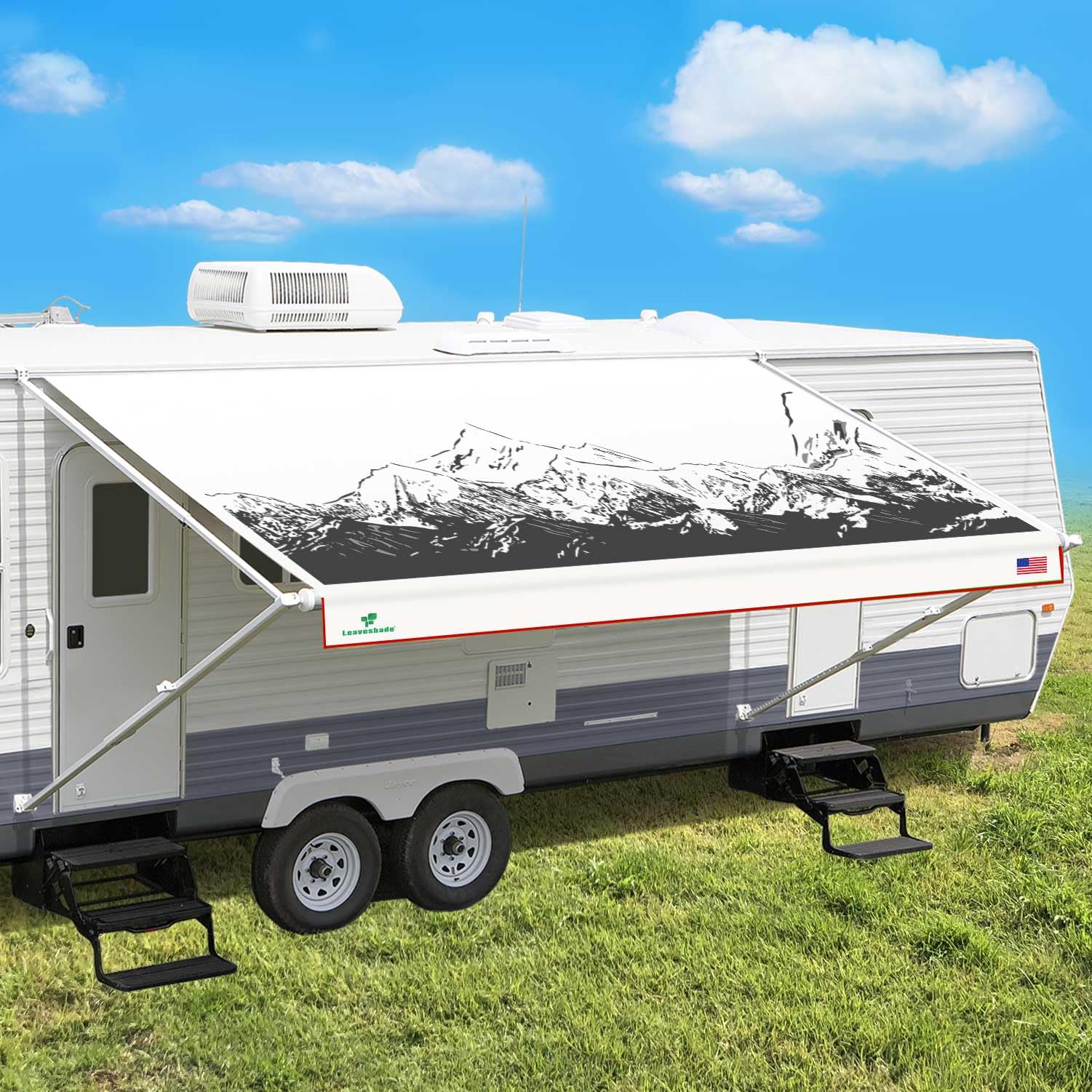Leaveshade RV Awning Fabric Replacement Camper Trailer Awning Fabric Super Heavy Vinyl Coated Polyester 14'3''(Fit for 15' Awning)-Mountains (Custom Looking)