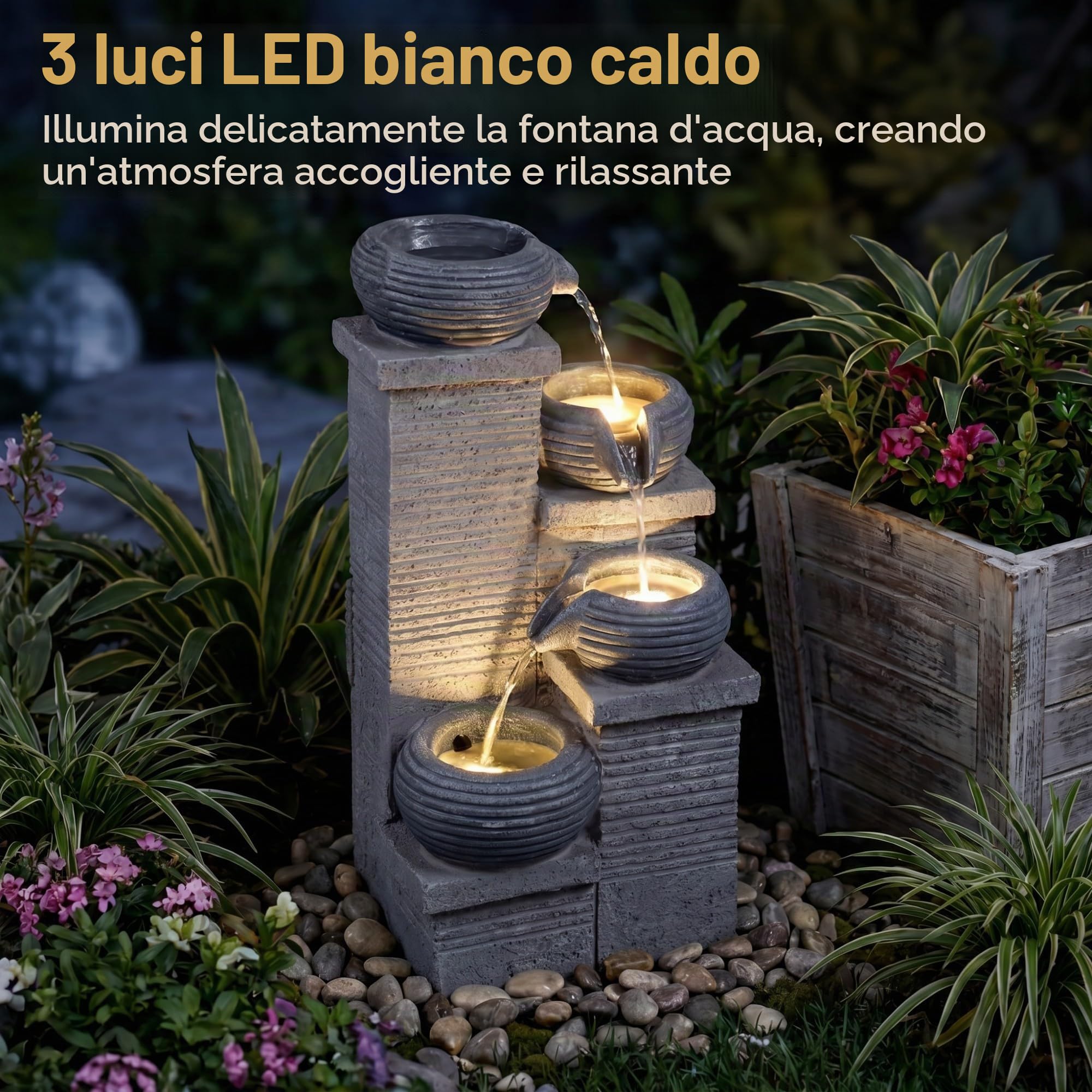 HOMASIS Fontana da Giardino a 4 Livelli, 58 cm Fontanella Decorativa con 3 Luci LED Bianco Caldo e Pompa, Velocità dell'Acqua Regolabile, Cascata Acqua da Esterno in Resina per Terrazze e Cortile