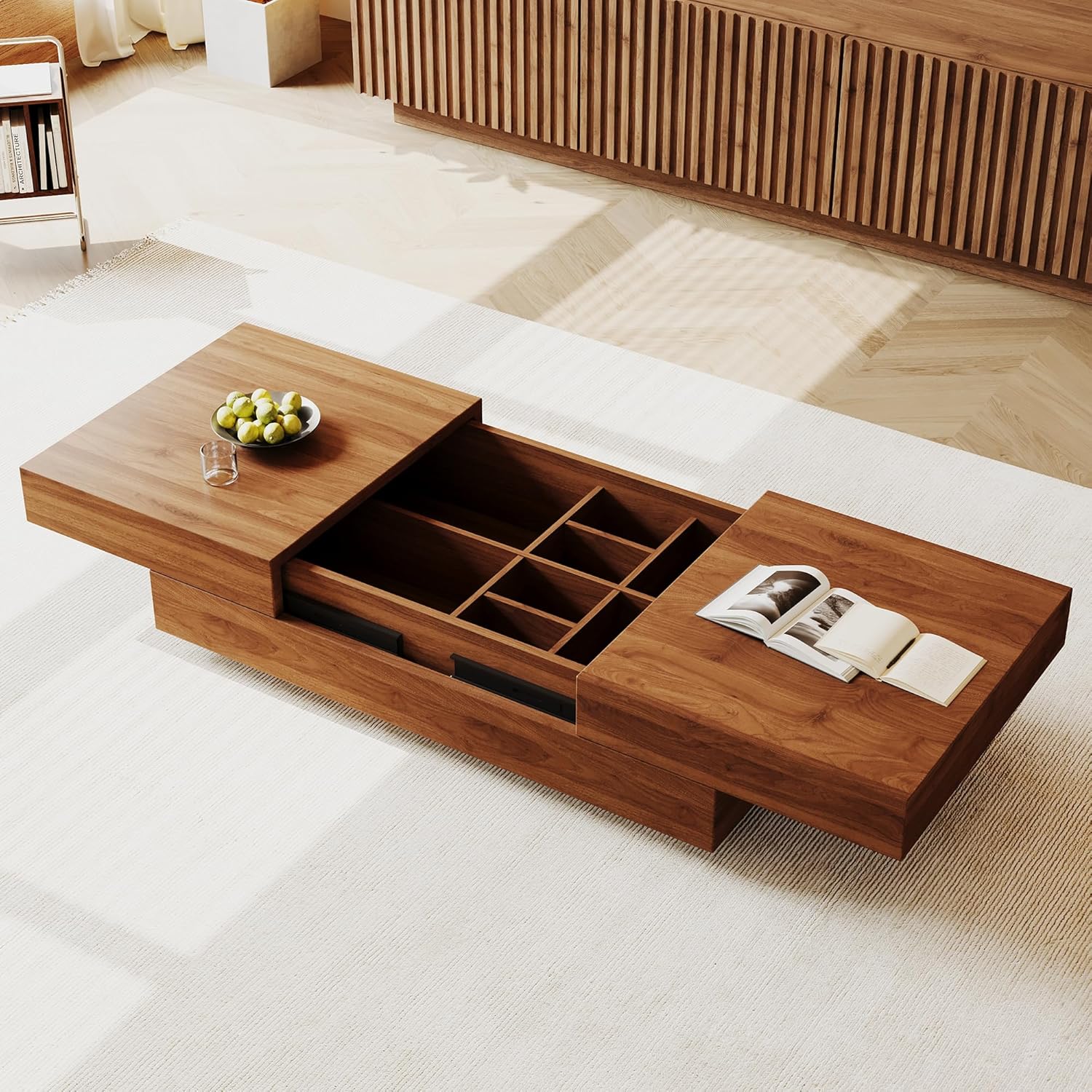 Extendable Rectangular Coffee Table with Concealed Storage Compartment, Expandable Width from 47.2" to 81.8", MDF Construction, Suitable for Living Room or Bedroom, Walnut Finish