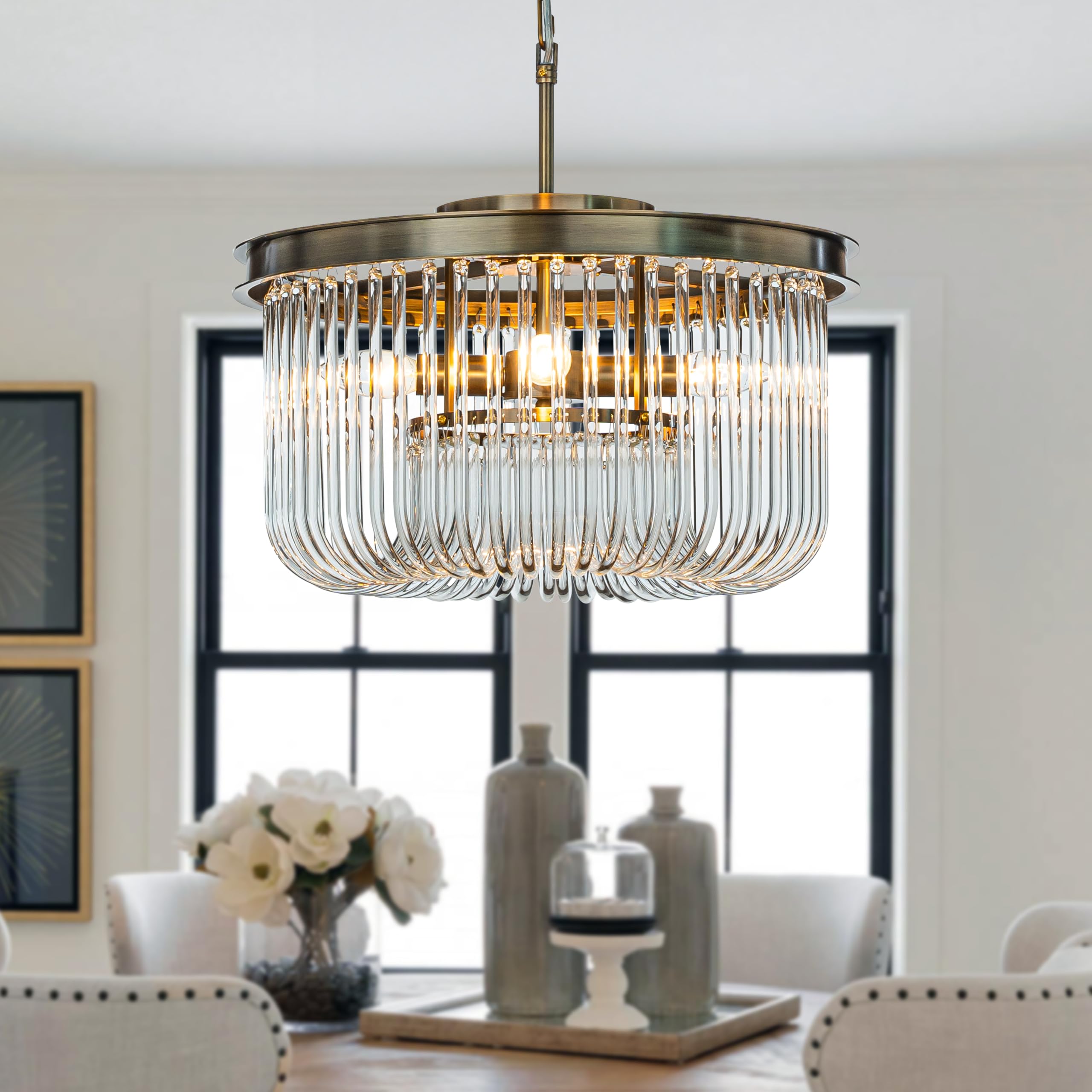 LYMSXAZOU Chandelier Round Glass Antique Gold Elegant Drum Pendant Light for Dining Room, 45 cm W