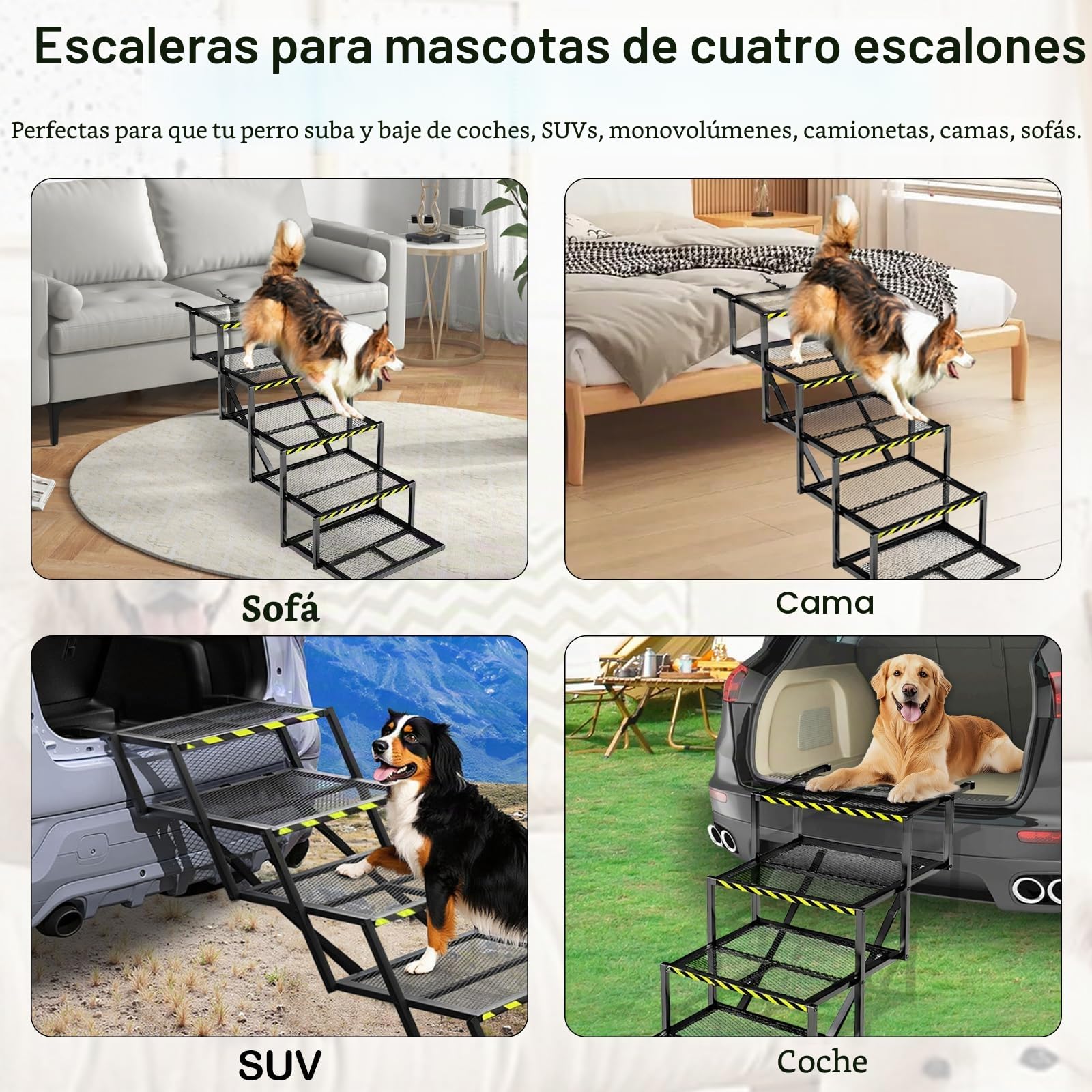 Rampa para Perros, Escaleras Perros 5 Peldaños Rampa Plegable Coche Perros Pequeños Medianos Y Grandes Escaleras Antideslizantes para Camiones Y SUV Soporta hasta 100Kg 35-90cm Altura Ajustable