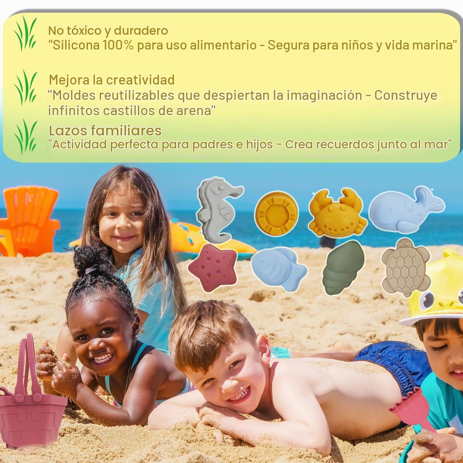 Juguetes Playa, 11 Piezas Juguetes de Arena de Playa Silicona, Juguetes Playa Bebe, Juguetes Playa Niños con Cubo, moldes de Arena,Juguete de Exterior Regalo para Niño Niña