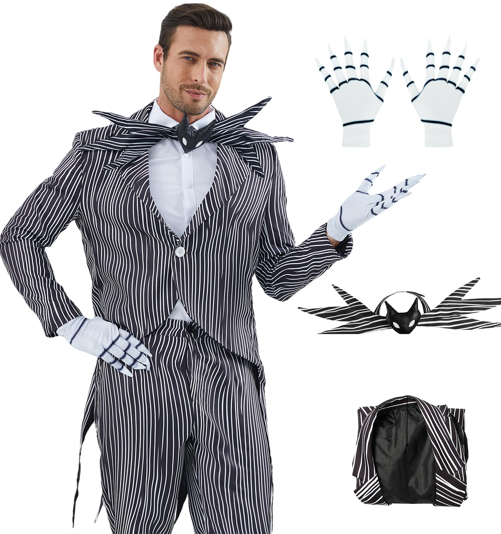 AYYOHON Black White Stripes Jack Costume Jacket Men Nightmare Christmas Skeleton Halloween Gothic Suit With Bowtie Gloves 3XL