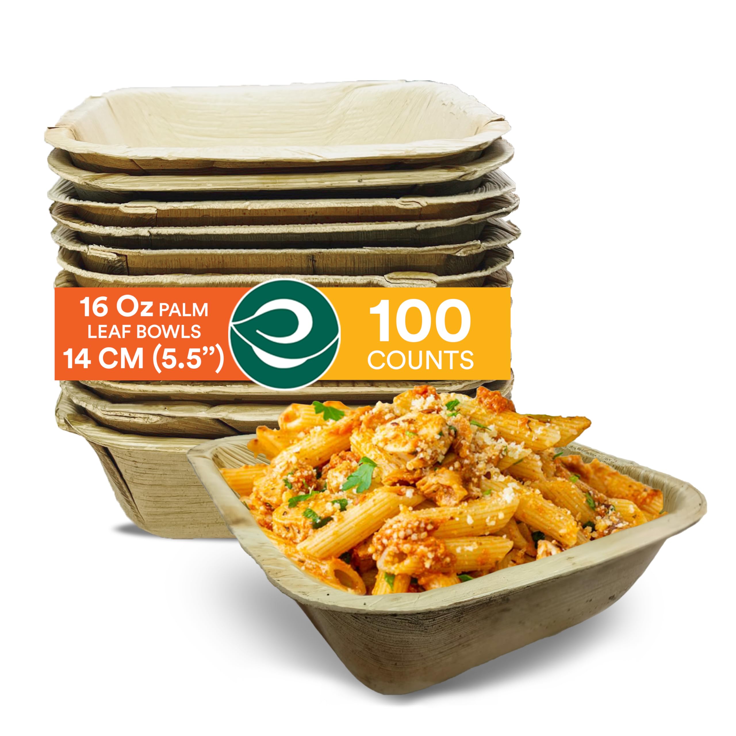 ECO SOUL 100% Compostable, Biodegradable, Disposable Palm Leaf Bowls, Like Bamboo Bowls, Eco-friendly | Sturdy, Microwave & Oven Safe (100, Medium 5.5" (16 Oz) | Square)