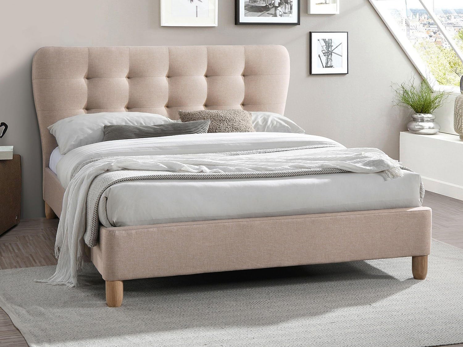 Vente-unique - Letto 160 x 200 cm con testata trapuntata Tessuto Beige + Materasso - ELIDE