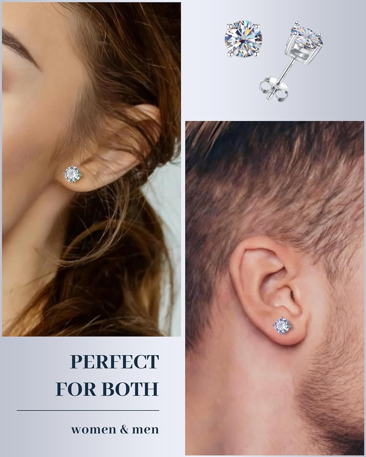 Moissanite Stud Earrings for Women 1/2CT Hypoallergenic 18K White Gold Plated Solid 925 Sterling Silver Flat Back Earring for Women Men, 1 Pair D Color VVS1 Clarity Round Lab-Created with Box