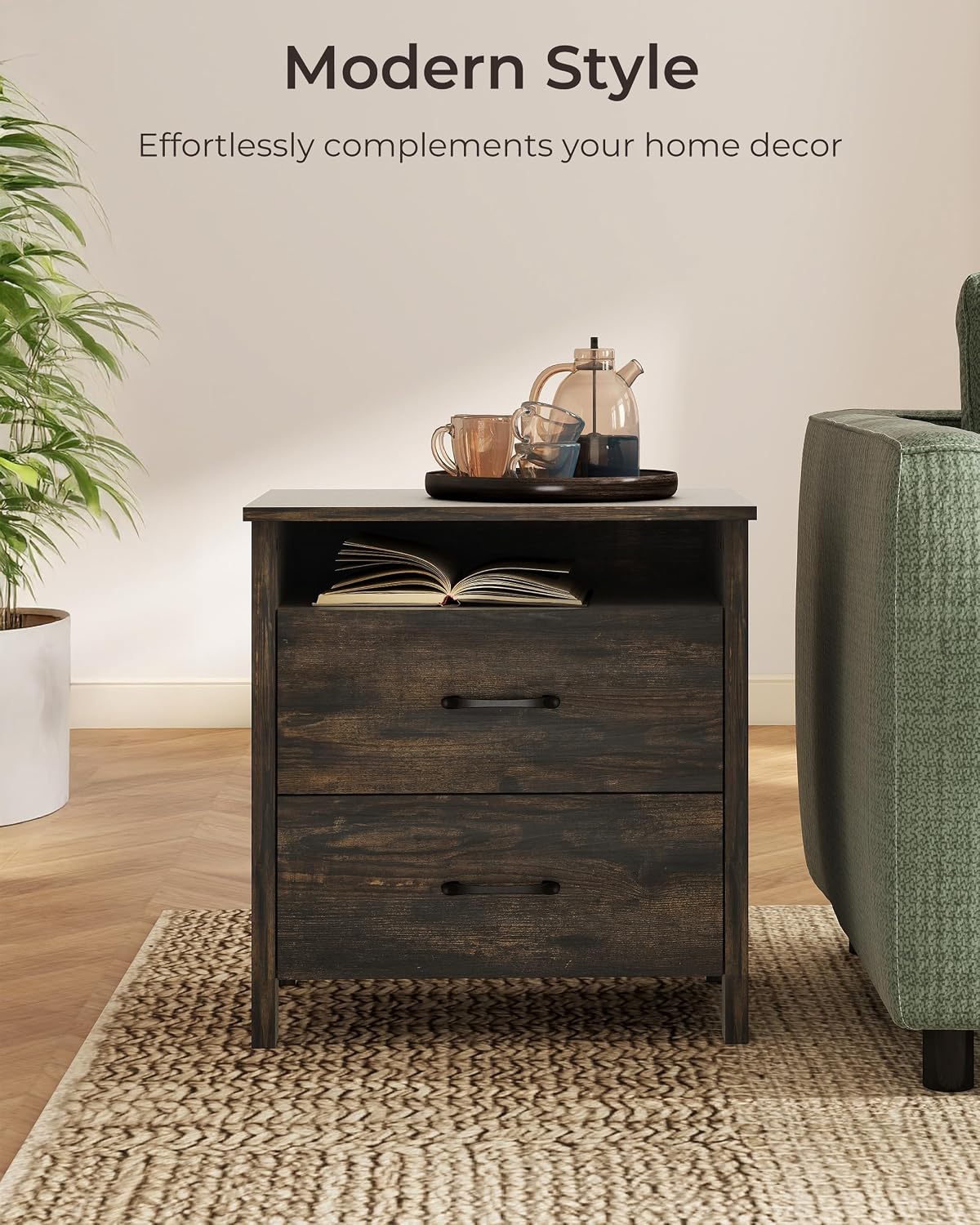 Farmhouse Nightstand, Rustic Nightstand with 2 Large Drawers, Wood End Table with Open Shelf, Bedside Table for Bedroom, Dark Brown