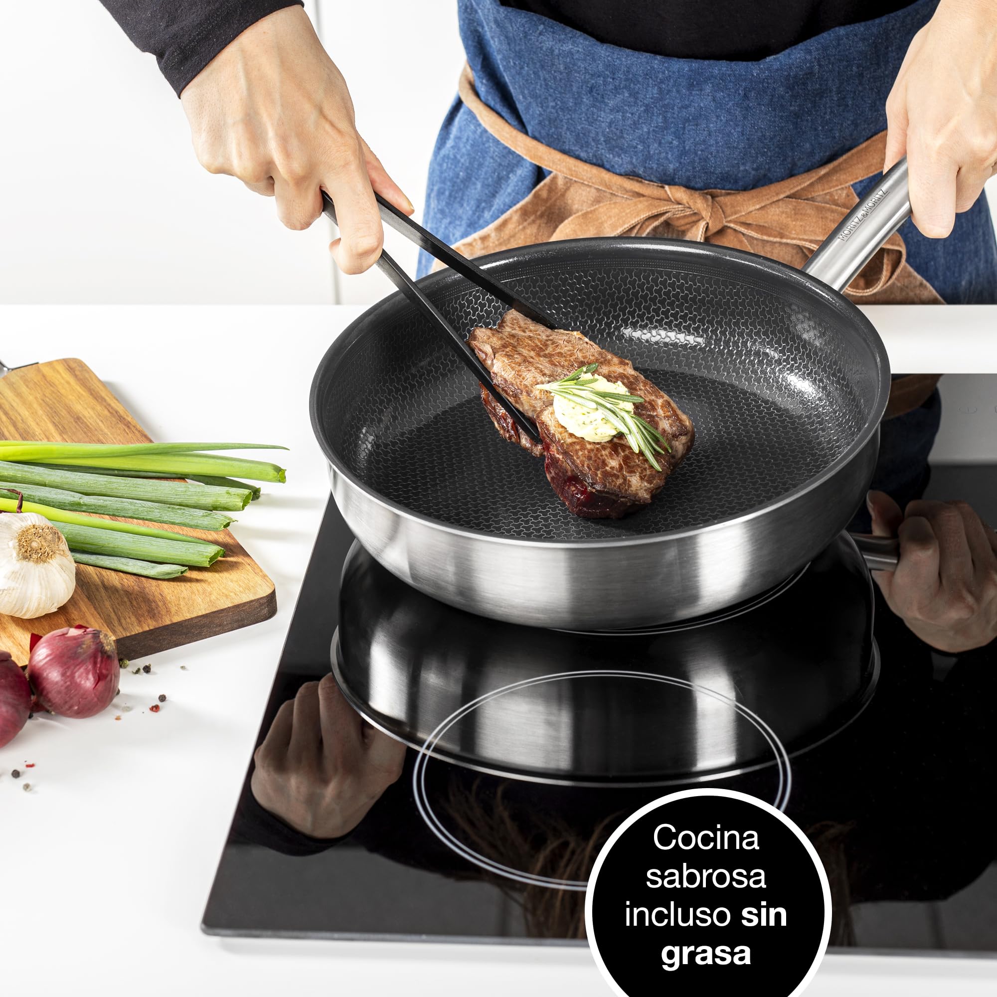 Moritz & Moritz Sartenes Antiadherentes Inducción 28cm de Acero Inoxidable Revestimiento Cerámico - Apta para todo Tipo de Placas - Sartenes Induccion Antiadherentes para Cocinar, Freír y Estofar