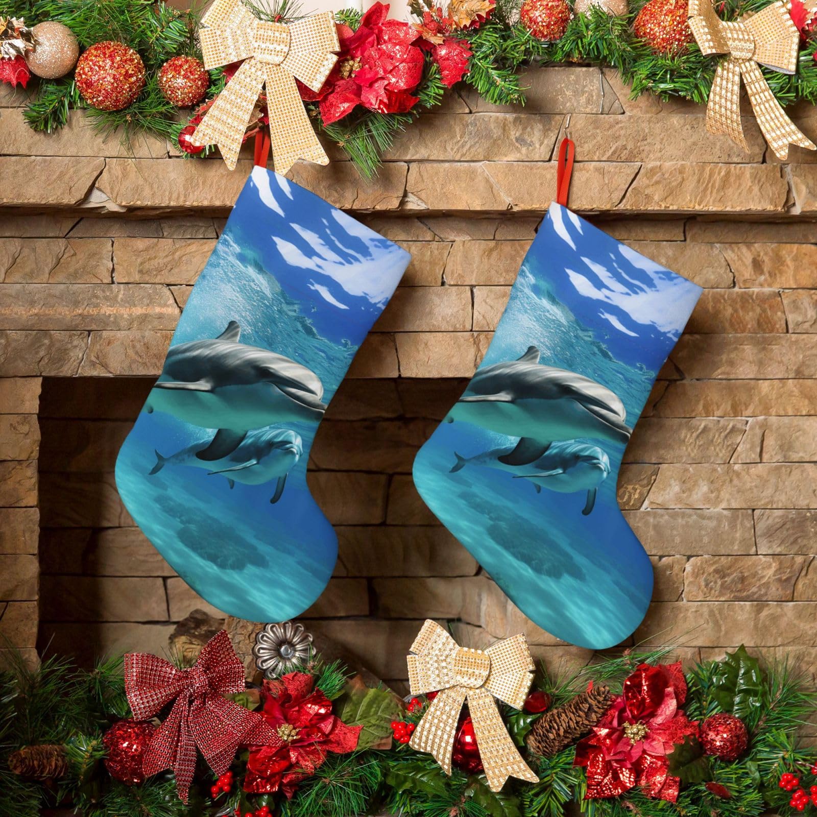Fodpand Boys Black Marine Dolphin Christmas Stockings Hanging Ornaments For Holiday Decor, 18 Inches Velvet Fireplace Hanging Xmas Stocking, Candy Gift Bags For Christmas Decorations