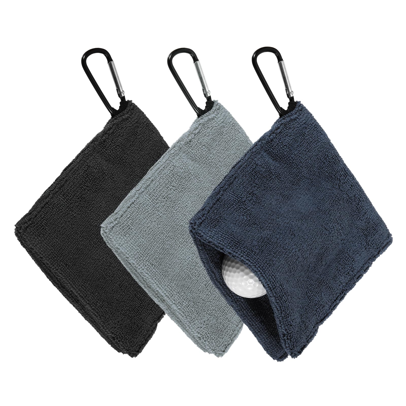 YELARXI Golf Ball Towel, 5.5 x 5.5 Inch Microfiber Small Golf Towel for Pocket with D Clip, 3 Pack & Navy Blue & Dark Gray & Black - Fitting For(Carts/Clubs/Bags/Course Exercise) — image 1