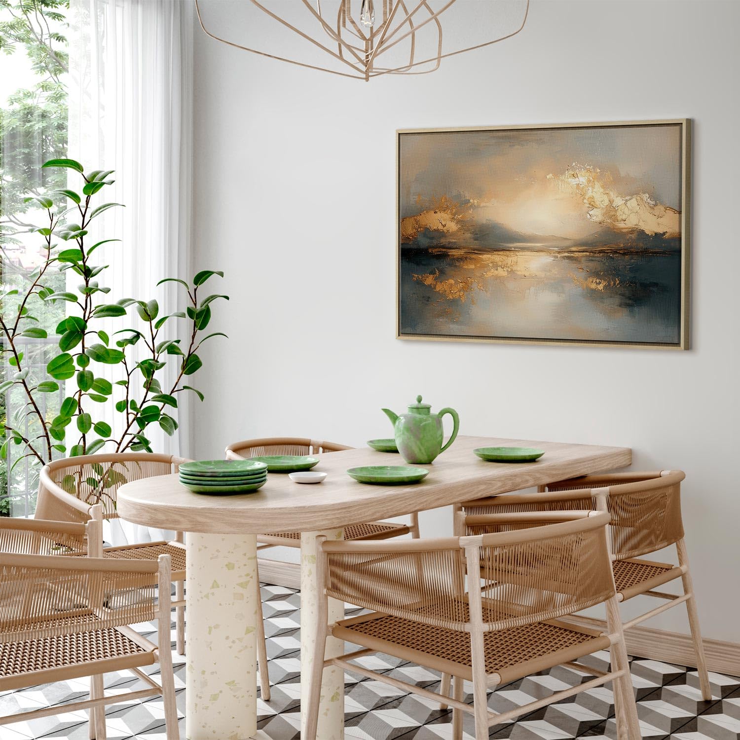 murando - Quadro con Cornice Naturale Alba Astratta 120x80 cm 1 Pezzo - Stampa su Tela Strutturata - Quadri Moderni Soggiorno Grandi - Pannelli Decorativi per Pareti - Telaio in Legno a-H-10170-b-a