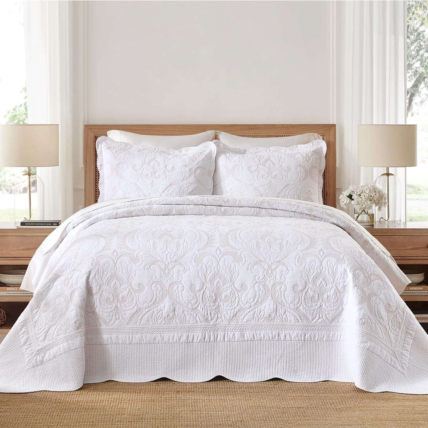 DDUOXIN Cotton Oversized King Bedspread - 128W x120L Extra Wide - Embossed Vintage Floral California Quilt with 2 Pillow Shams, Floral-Scrolls Pattern Reversible Bedding Set, Beige/White-Damask