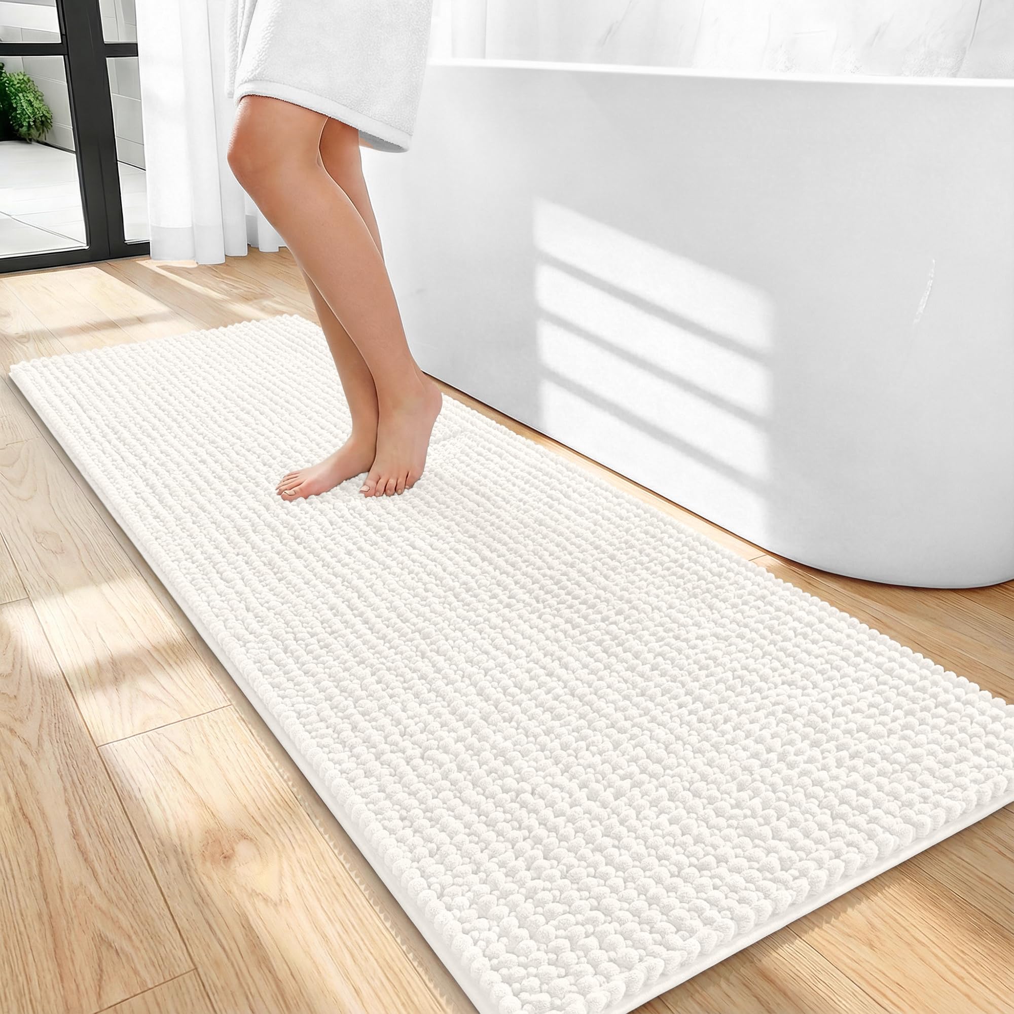 OLANLY Thick Chenille Bathroom Runner Rugs 47x20, Absorbent Bath Mat, Ivory