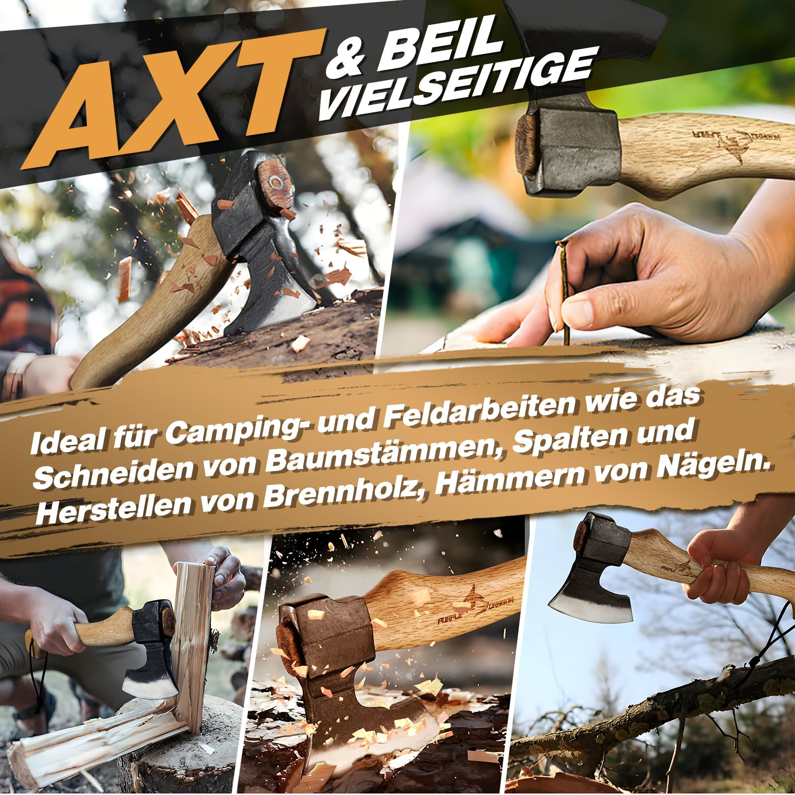 Purple Dragon Beil Axt Outdoor - mit Scheide, Äxte Holz Spalten 40cm Spaltaxt für Holz, Handgeschmiedet Handbeil Kuhfuß, Bushcraft Axt Holzgriff, Camping Äxte Geschenk für Männer