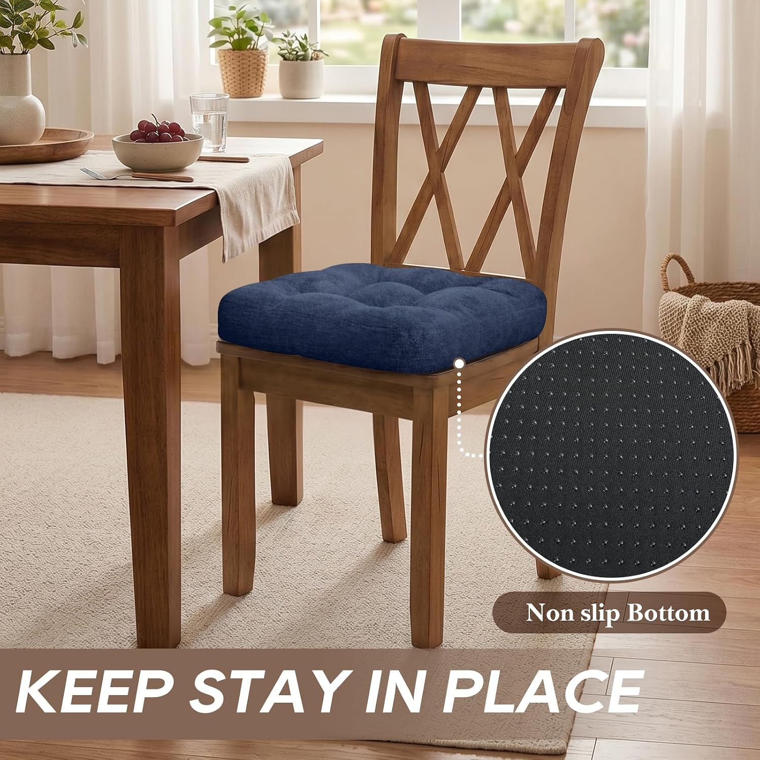 Basic Beyond Chair Cushions for Dining Chairs, Non-Slip Chair Pads, Thick Seat Cushions for Dining Room Chairs, Kitchen Chair Cushions Set of 4, 17" x 17" x 4", Navy Blue