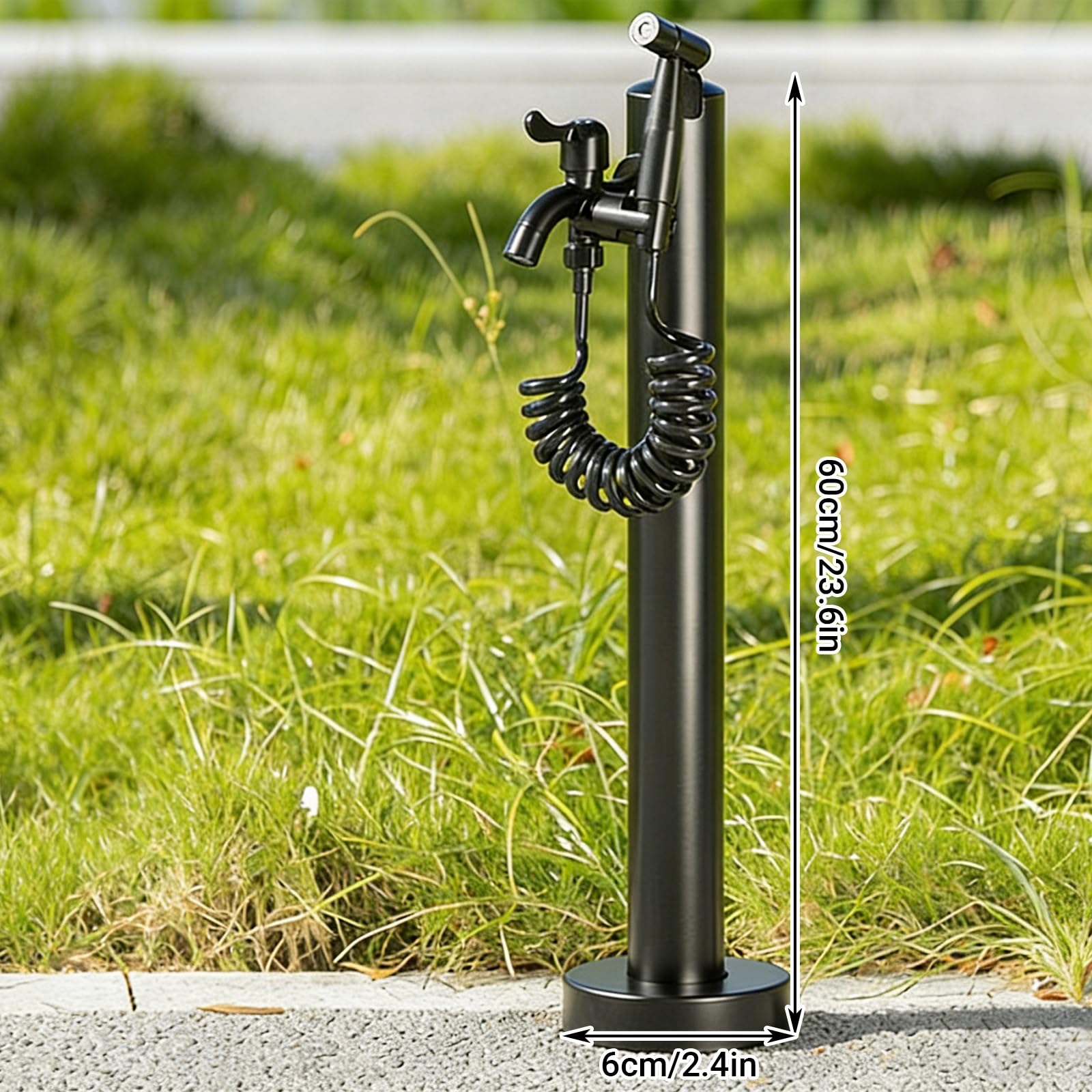 Columna de agua independiente para exteriores con doble grifo, soporte de manguera de acero inoxidable para patio y césped