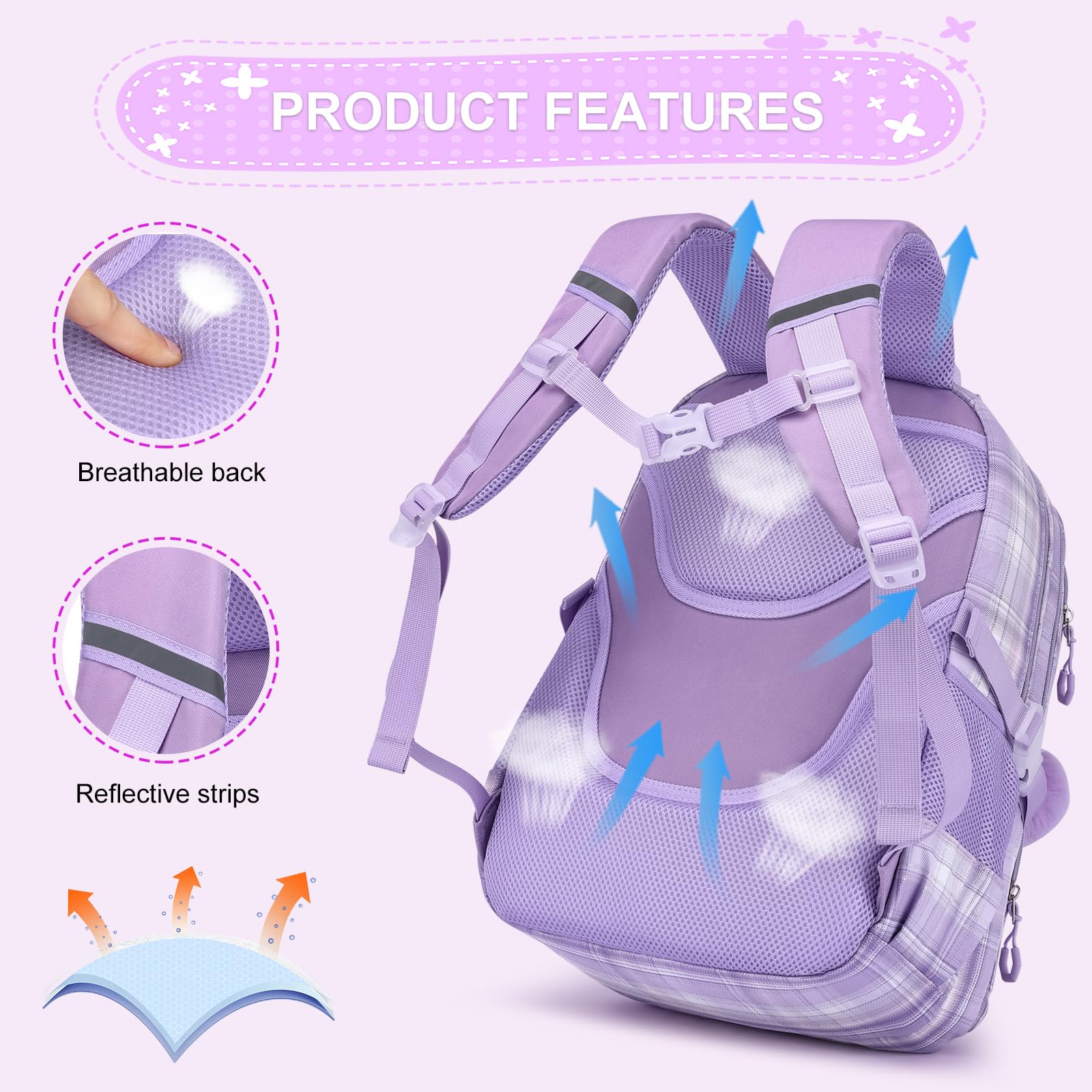 KEBEIXUAN Mochilas Escolares Niña, Personalizada Mochila Colegio Niña de 6 a 12 Años, Kawaii Ligeras Mochila de Niñas Escolar con Colgante