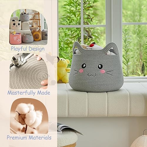 Miniatura 6 de OMERAI Cesta de animales para gatos, bonita canasta de manta grande tejida de cuerda de algodón, almacenamiento de juguetes para decoración del Gris