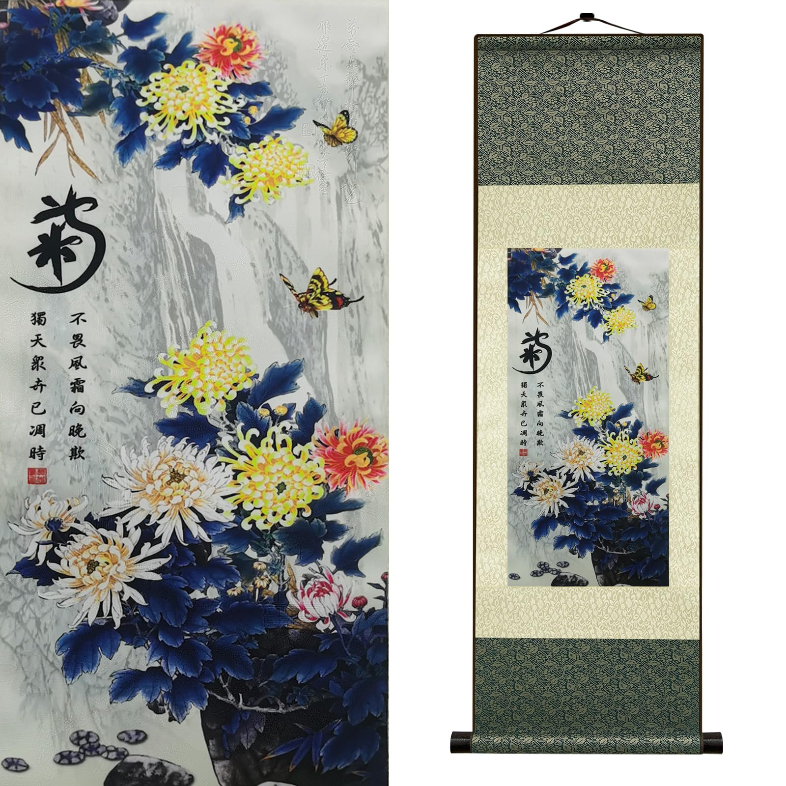 Newscz Bedroom Wall Art Silk Scroll Wall Painting Four Gentlemen Wall Tapestry Living Room Asian Chinese Art Wall House Decoration for Living Room Home Lounge Decor 36 by 12 in(Chrysanthemum)