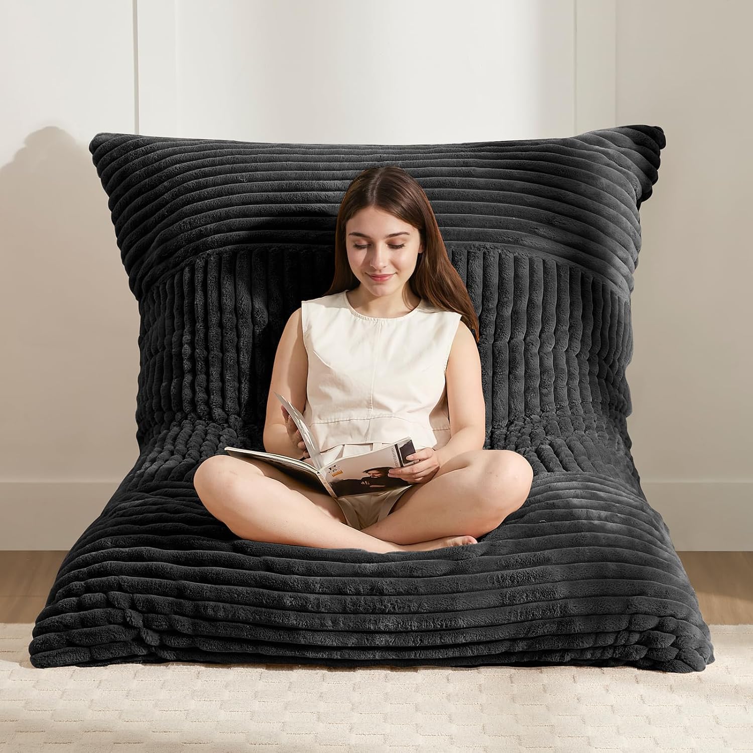 3-in-1 Giant Bean Bag Chair for Adults & Kid, Convertible Floor Sofa to Mattress, High-Density Foam Chair Bed with Washable Cover, Multi Functional Lounge Couch for Bedroom, Living Room (Black)