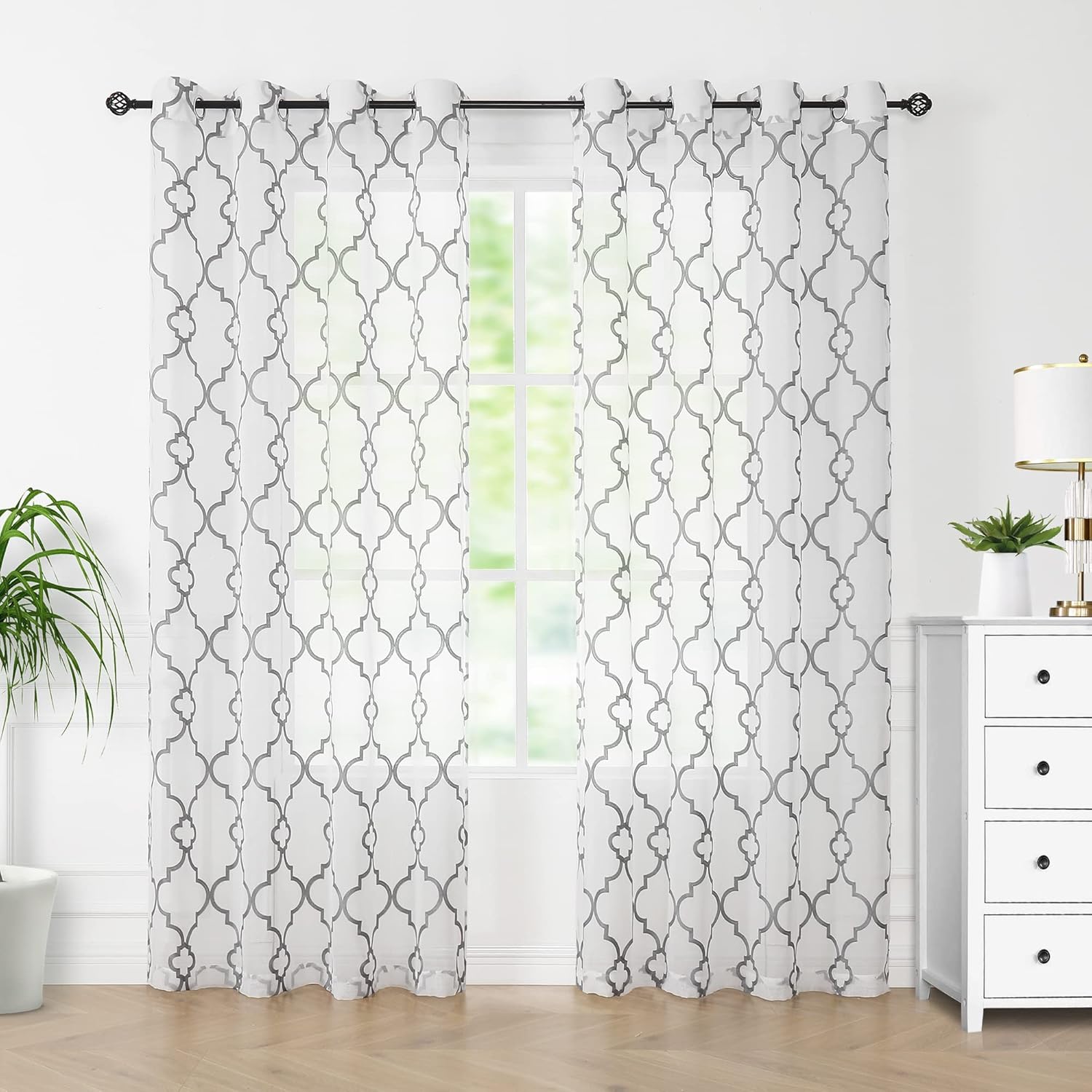 Moroccan Embroidered Semi Sheer Curtains for Living Room 108" Long Linen Textured Grey White Geometric Sheer Curtains Privacy & Light Filtering Grommet Drapes for Guest Bedroom 52" W x 2pcs