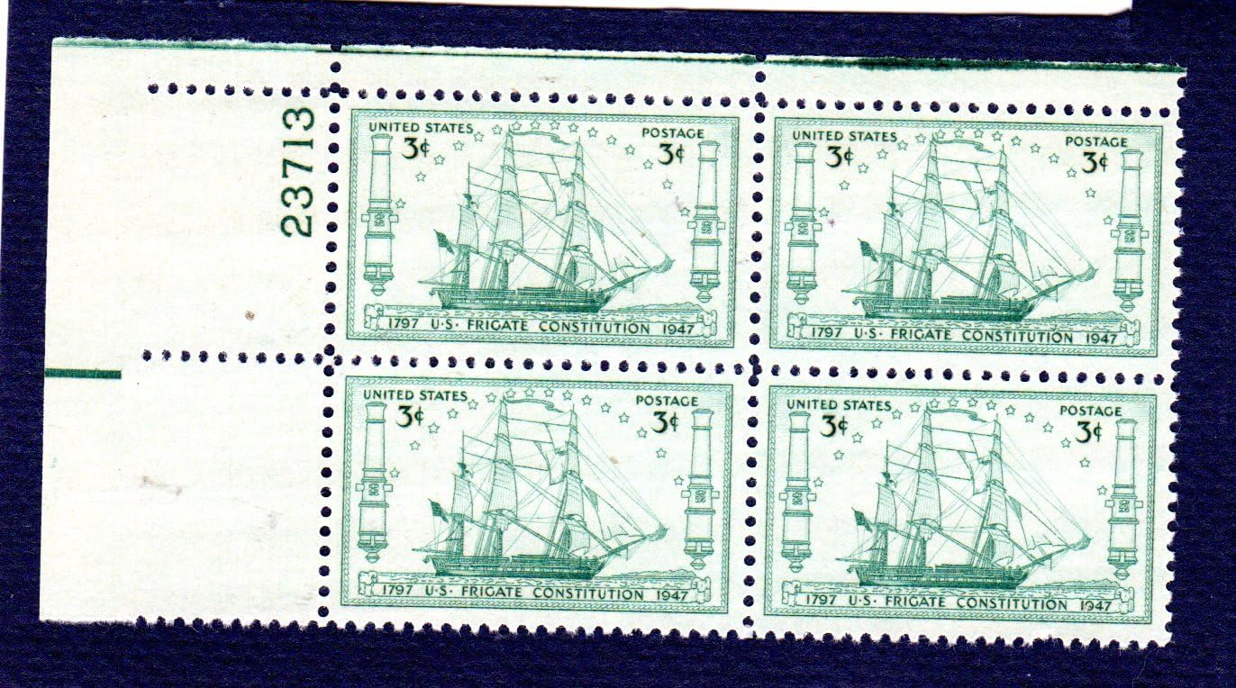 Postage Stamps United States. Plate Block #23713 of Four 3 Cent Blue Green, Naval Architect's Drawing of the U.S. Frigate Constitution Issue, Stamps Dated 1947, Scott #951.