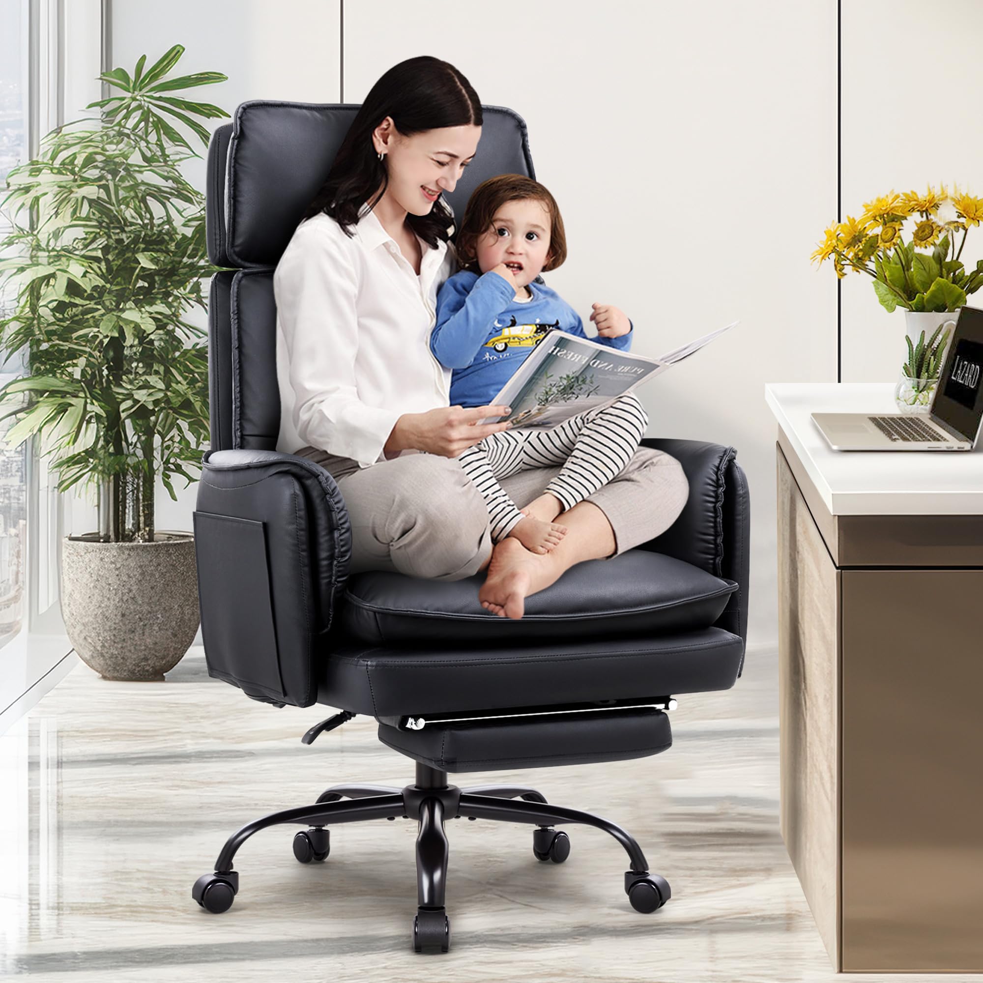 IWMH Silla de Oficina para Personas con Sobrepeso Ergonómica Silla Escritorio Silla Resistente para Ordenador Silla Giratoria con Cojín de Asiento Acolchado y Grueso Negro