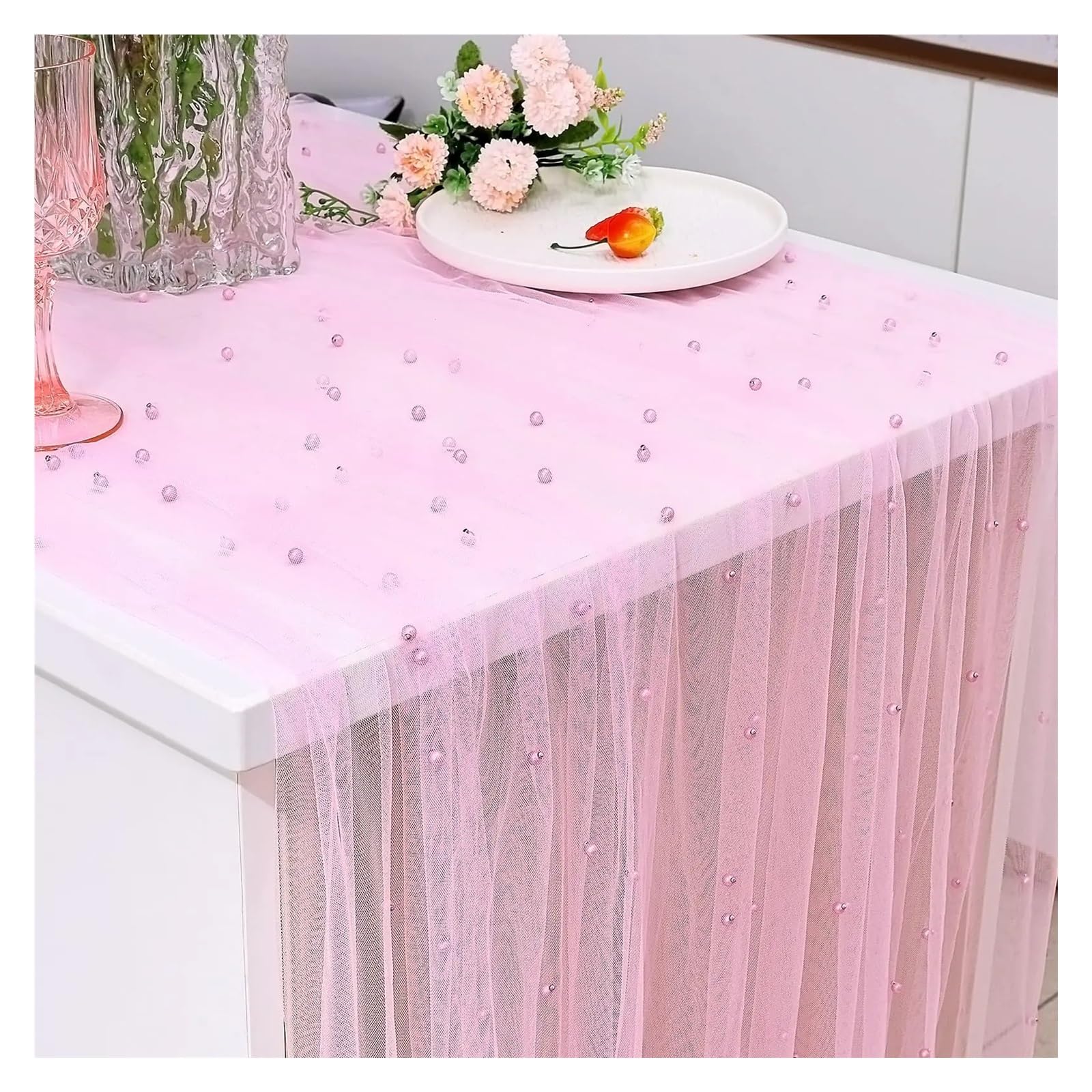 Centrotavola in chiffon Runner da tavolo perlato, tovaglia perlata, tessuto chiffon runner in tulle for decorazioni nuziali, copertura for pranzo for feste(Pink,75x600cm)