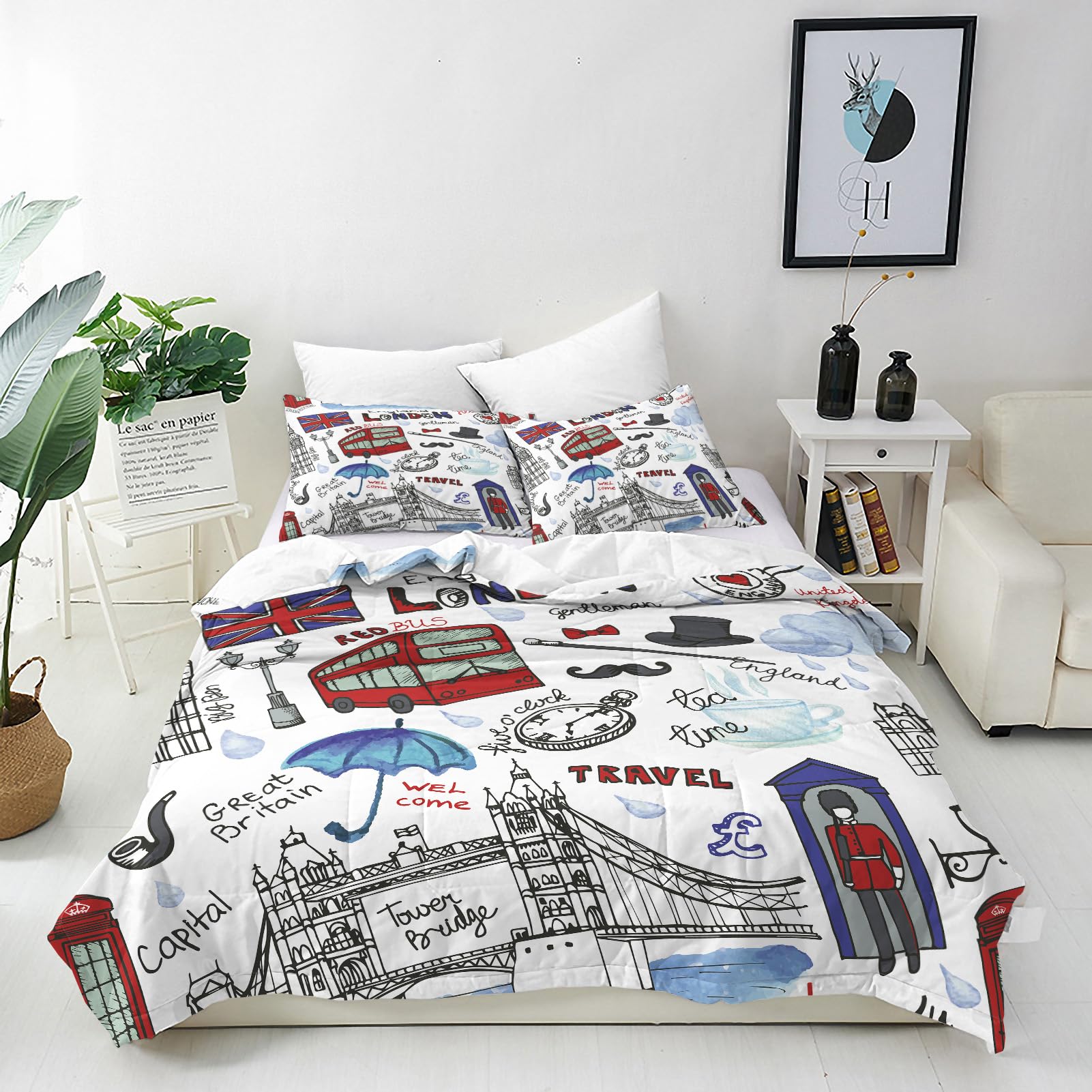 ANHOPE London Duvet Cover Set Soft Breathable Microfibre Quilt Cover with 2 Pillowcase Famous England Vintage Icons Print Pattern 3 Pcs Bedding Set with Zipper Closure Super King 260 x 220 cm