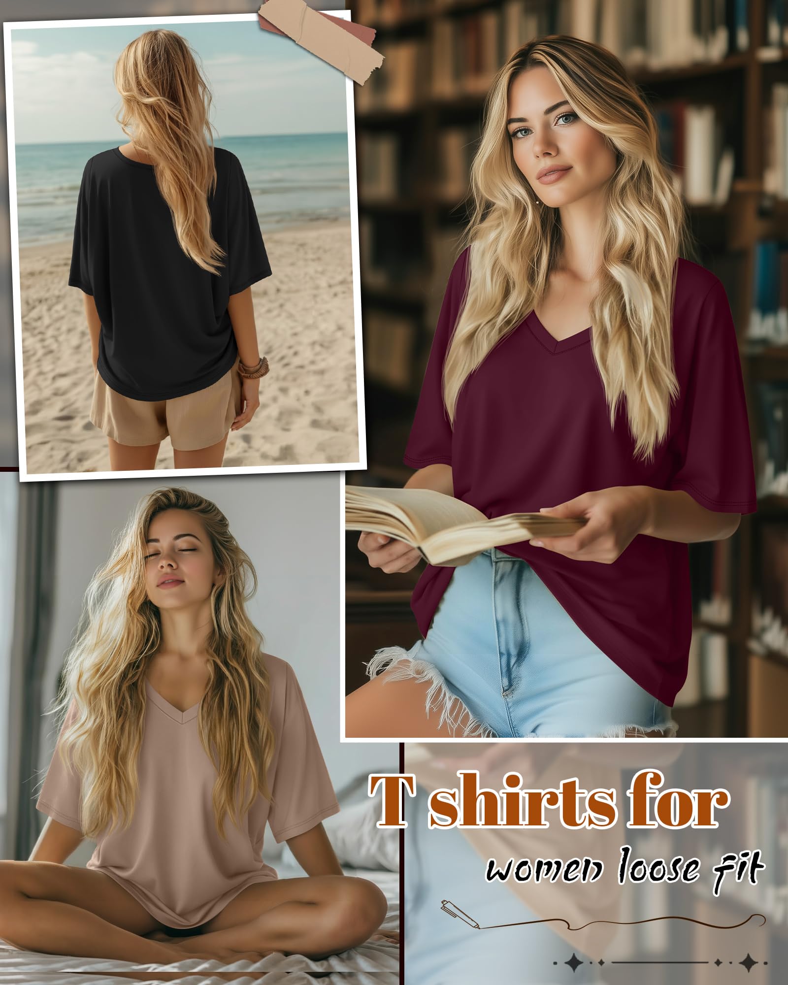 Geyoga Lot de 3 t-Shirts Oversize Femme à Manches Courtes et col V, Coupe Ample, Basiques et décontractés pour l'été