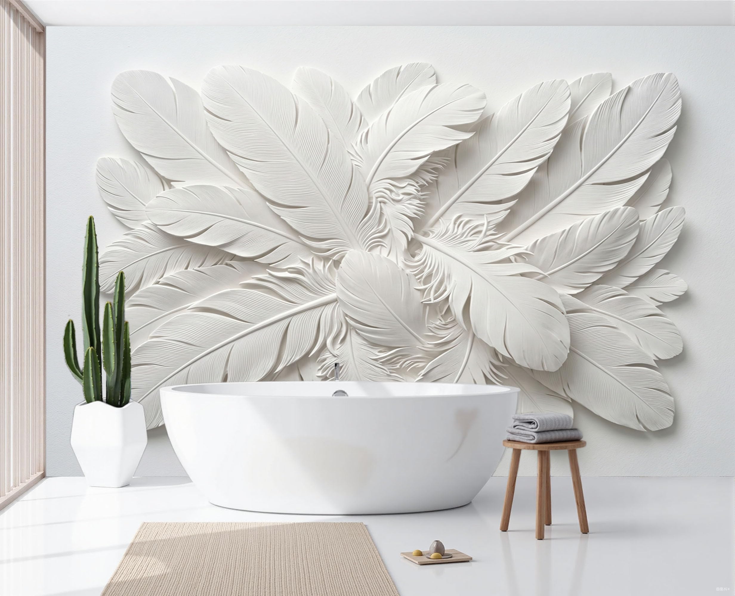Fototapete Vlies Tapete 3D Effekt Fototapeten Minimalistisches 3D-Federrelief Vliestapete Einfarbige Federn Tapeten Creme Moderne Wandtapete, Wohnzimmer, Tv Hintergrund Deko, 250X175Cm (B×H)