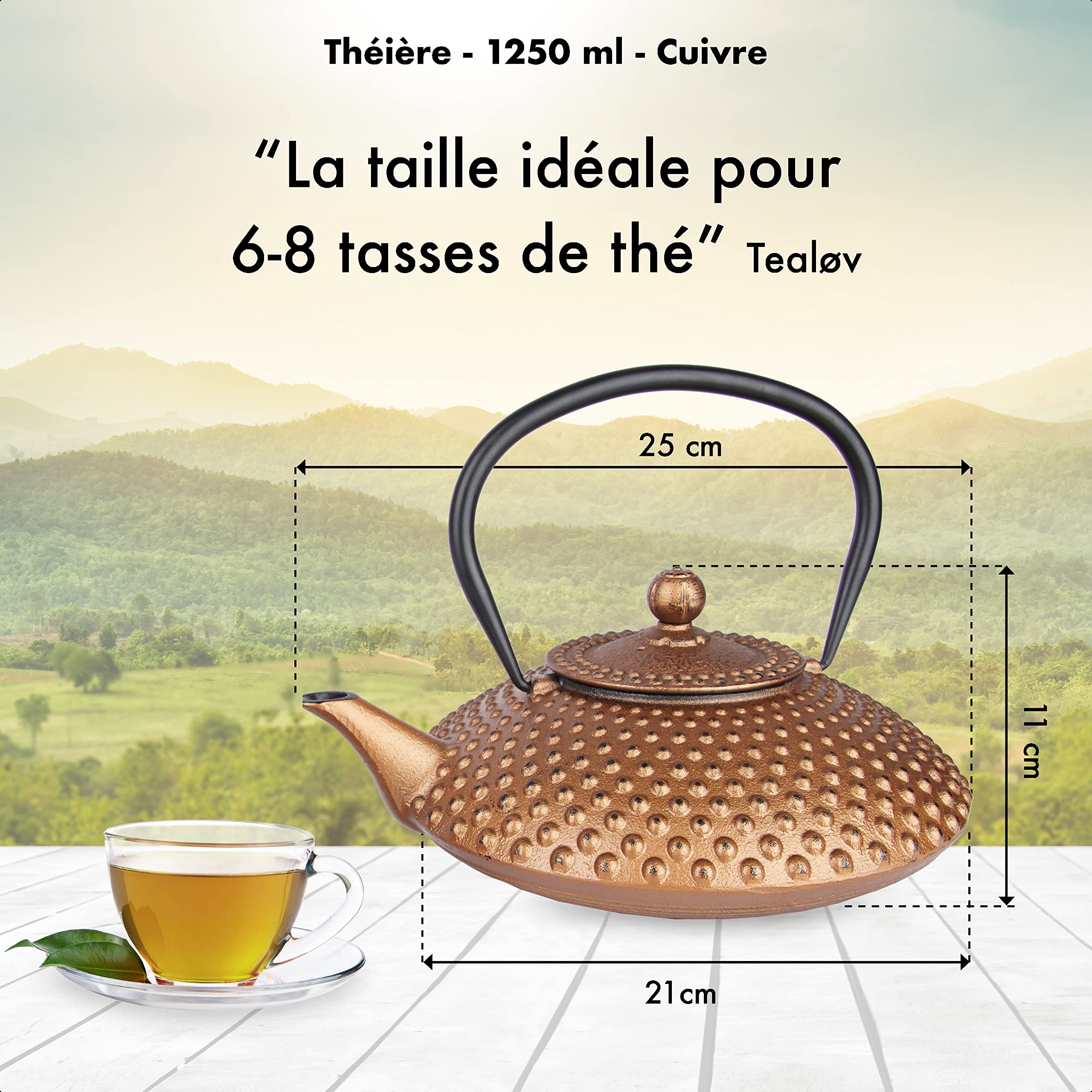 Kambin THEIERE FONTE1,25 LITER - Théière en Fonte avec Infuseur - Entièrement émaillée de l'intérieur - Prépare Une Tasse de Thé Parfaite – Design Authentique Japonais à Picots - Cuivre