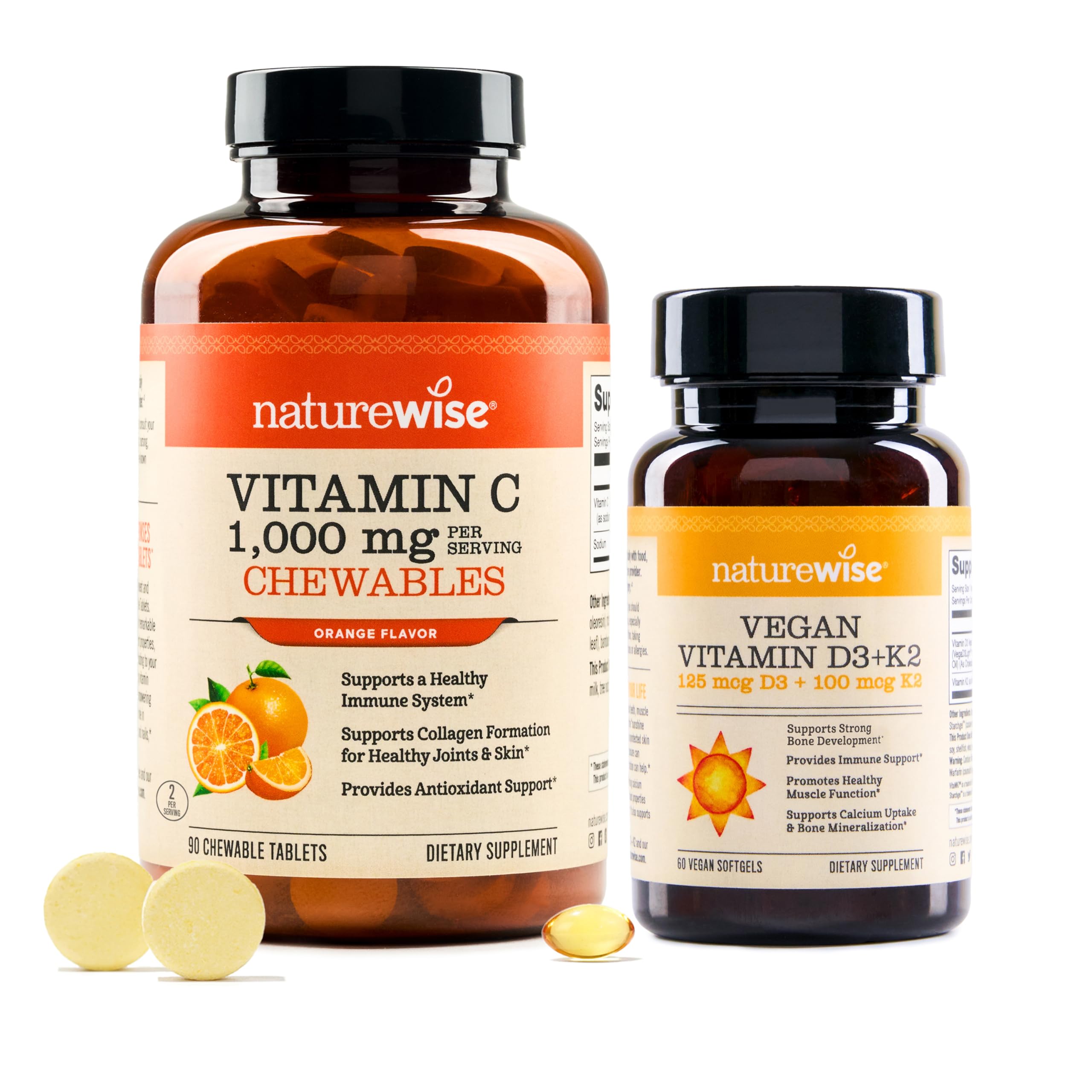 NatureWise [1 Extra Strength Vitamin C 1000mg - Non-GMO 90 Chewable Tablets[45-Day Supply] + [1] Vegan Vitamin D3 5000IU + K2 Organic Olive Oil - 60 Softgels[60