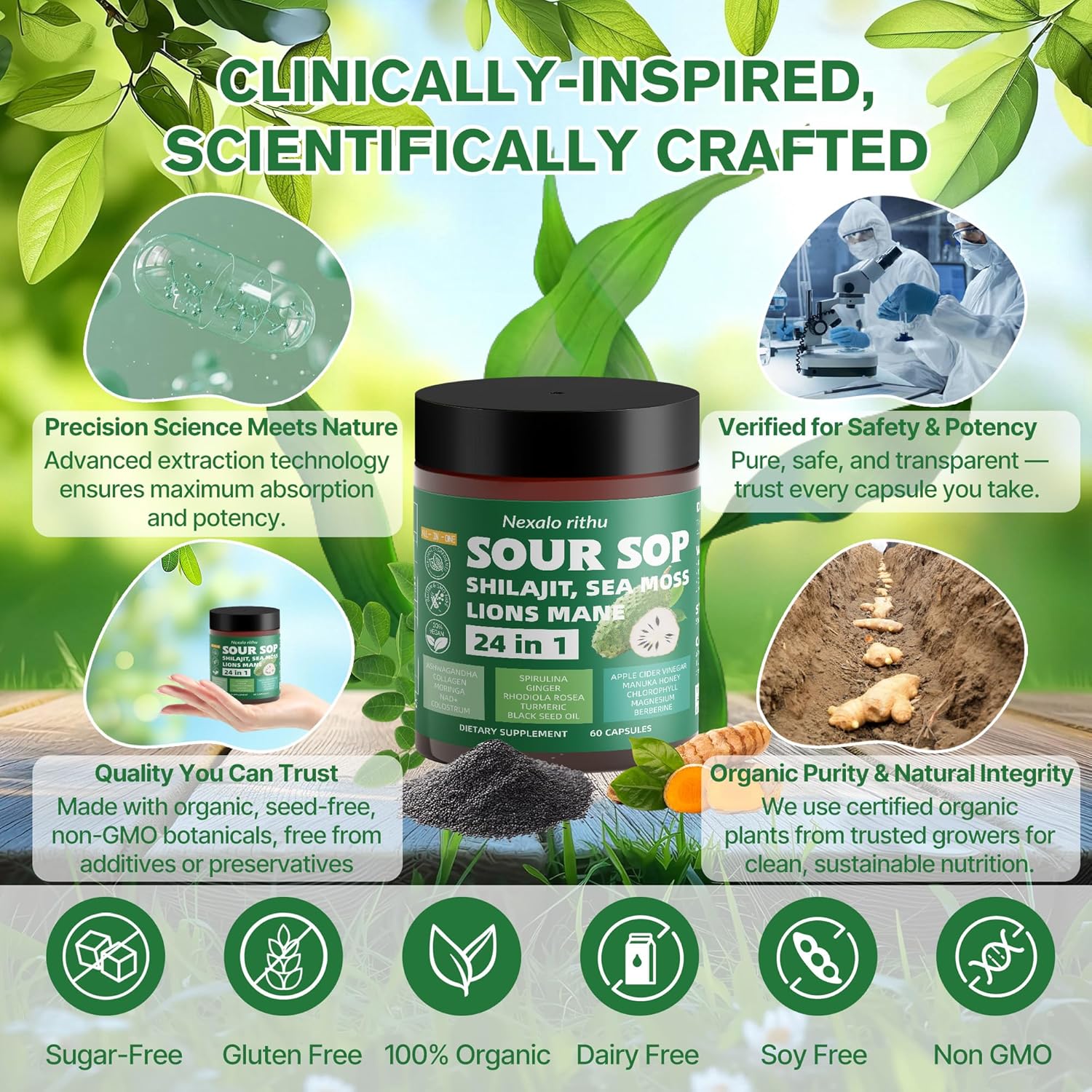 Soursop Capsules – 24-in-1 Soursop Bitters & Herbal Soursop Supplement with Sea Moss, Moringa, Rhodiola Rosea, Shilajit & Ashwagandha for Gut Support,Energy,Immune & Digestive Support,Non-GMO,Organic - Image 6