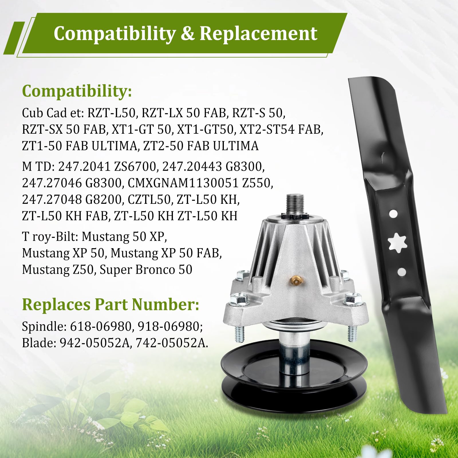 Lot de 3 broches 618-06980, lot de 3 lames 942-05052A à levage moyen, compatible avec Cub Cad et M TD RZT L50 S50 LX50 SX50 XT1-GT50 ZT1-50 G8200 G8200 G880 300, remplacement Pour 918-06980 - 5