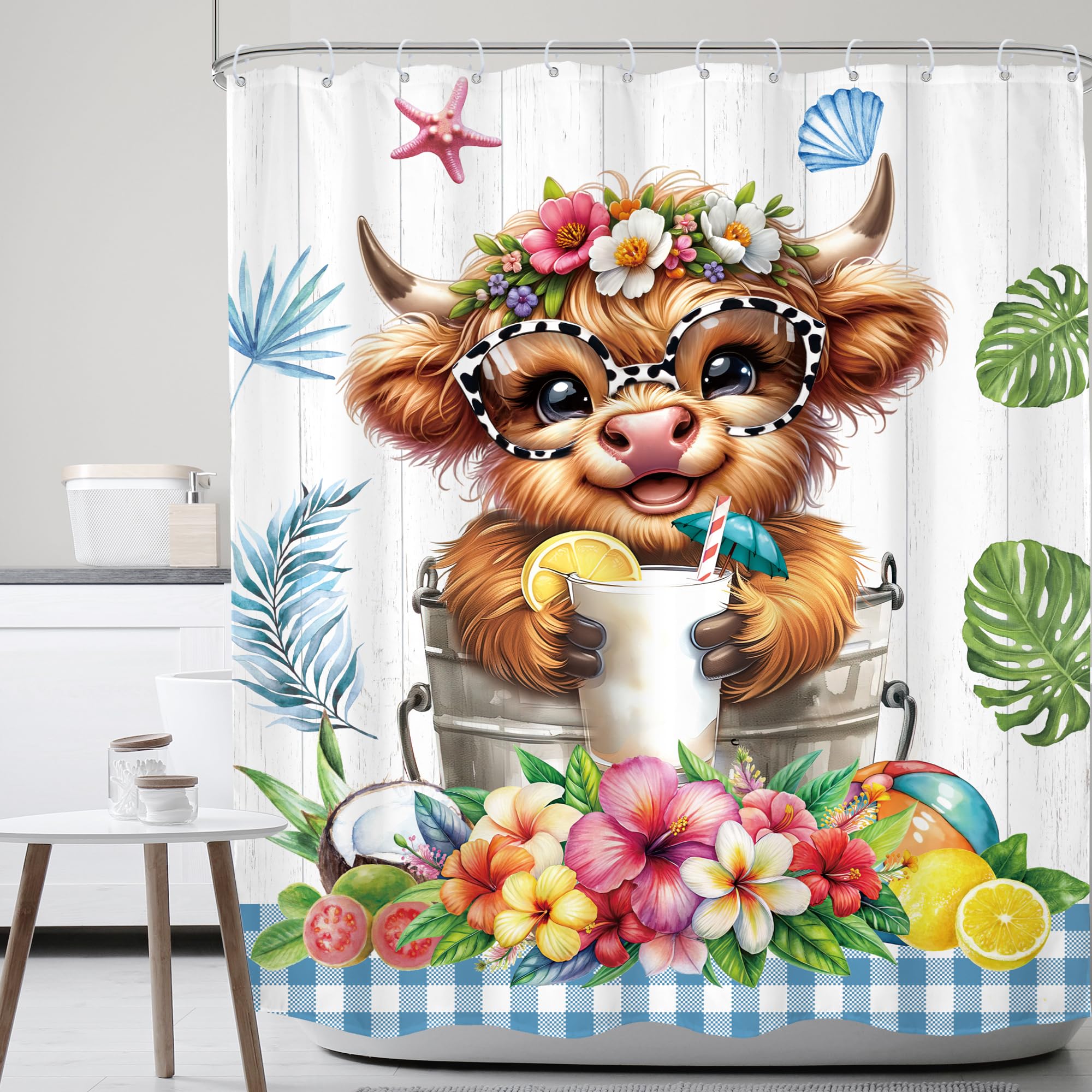 Mitpok Funny Cows Shower Curtain 60Wx72H Summer Cute Highland Cow Calf Hawaiian Bull Trpical Floral Green Leaves Fruit Kids Bathroom Decor Farmhouse